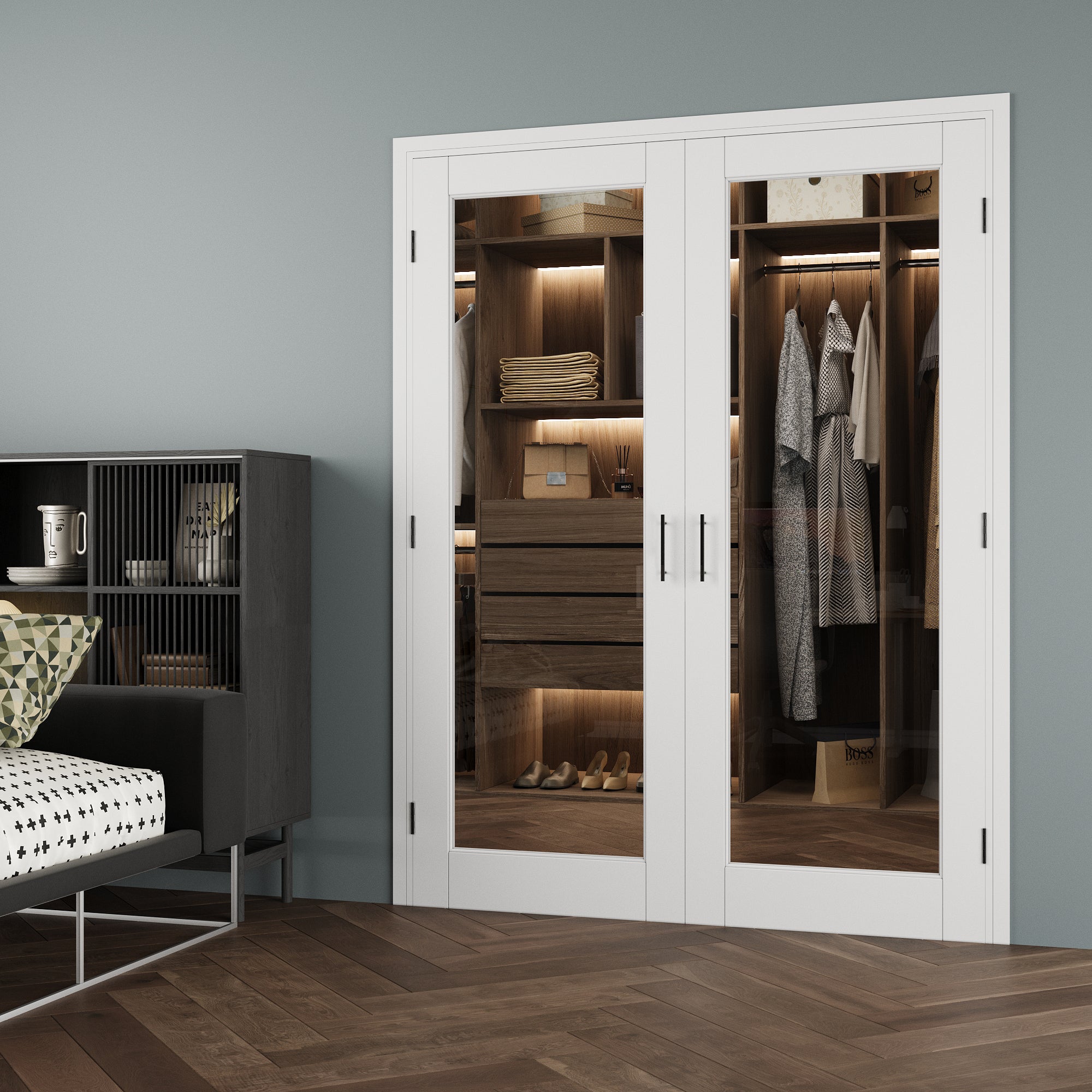 [Black Ball Catch Prehung French Door Collection] 1-Lite Clear Glass White Solid Core Glass French Door Panels with Black Ball Catch Ready-to-Assemble Jamb