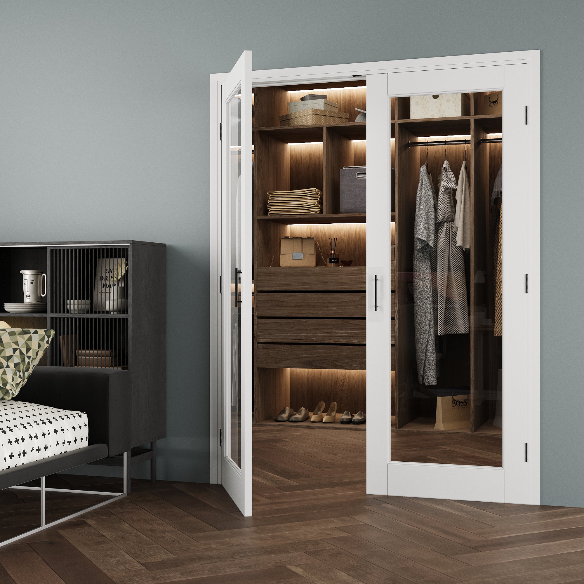 [Black Ball Catch Prehung French Door Collection] 1-Lite Clear Glass White Solid Core Glass French Door Panels with Black Ball Catch Ready-to-Assemble Jamb