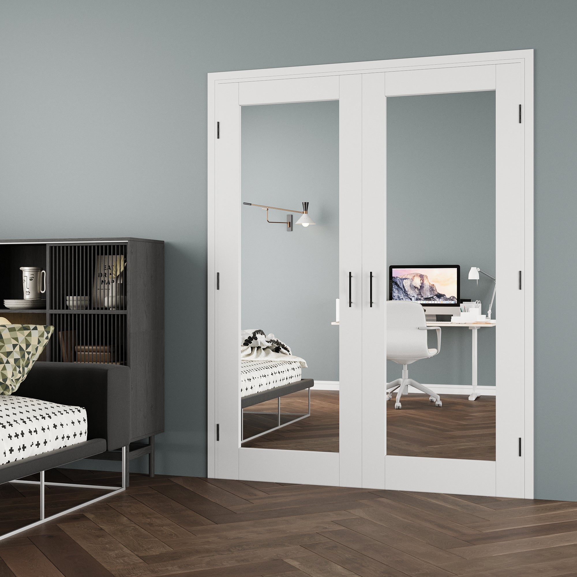 [Black Ball Catch Prehung French Door Collection] 1-Lite Double Side Mirror White Solid Core Glass French Door Panels with Black Ball Catch Ready-to-Assemble Jamb