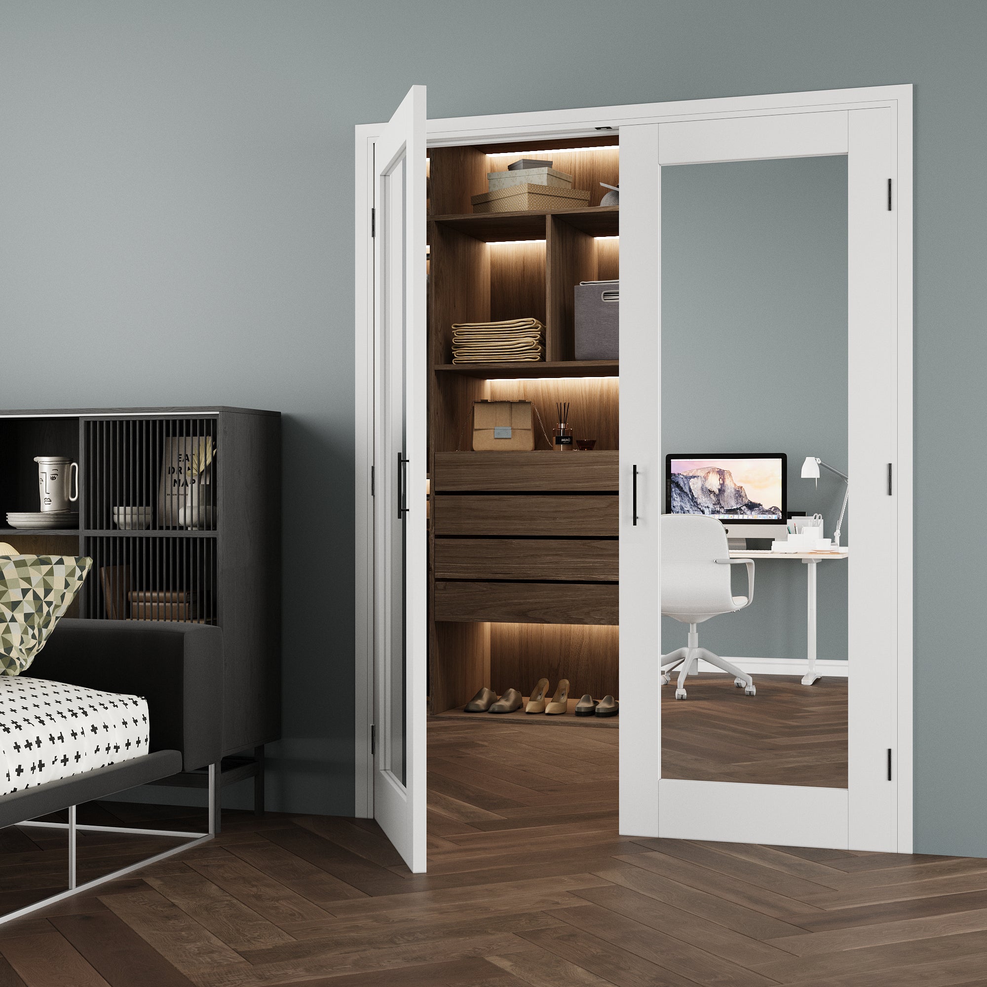 [Black Ball Catch Prehung French Door Collection] 1-Lite Double Side Mirror White Solid Core Glass French Door Panels with Black Ball Catch Ready-to-Assemble Jamb