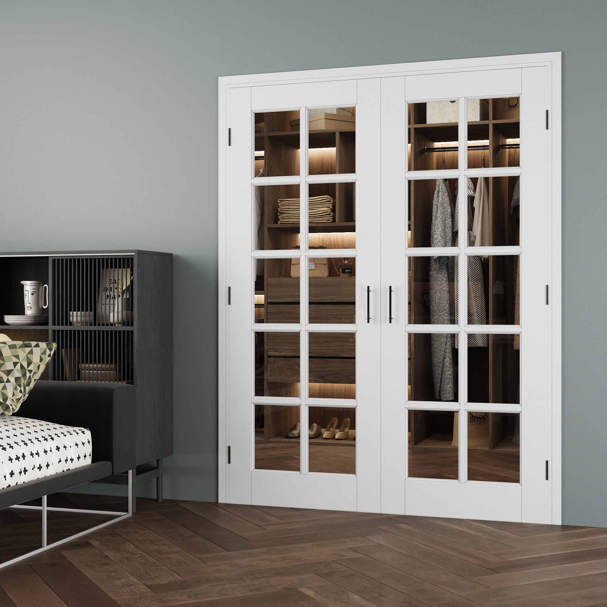 [Black Ball Catch Prehung French Door Collection] 10-Lite Clear Glass White Solid Core Glass French Door Panels with Black Ball Catch Ready-to-Assemble Jamb