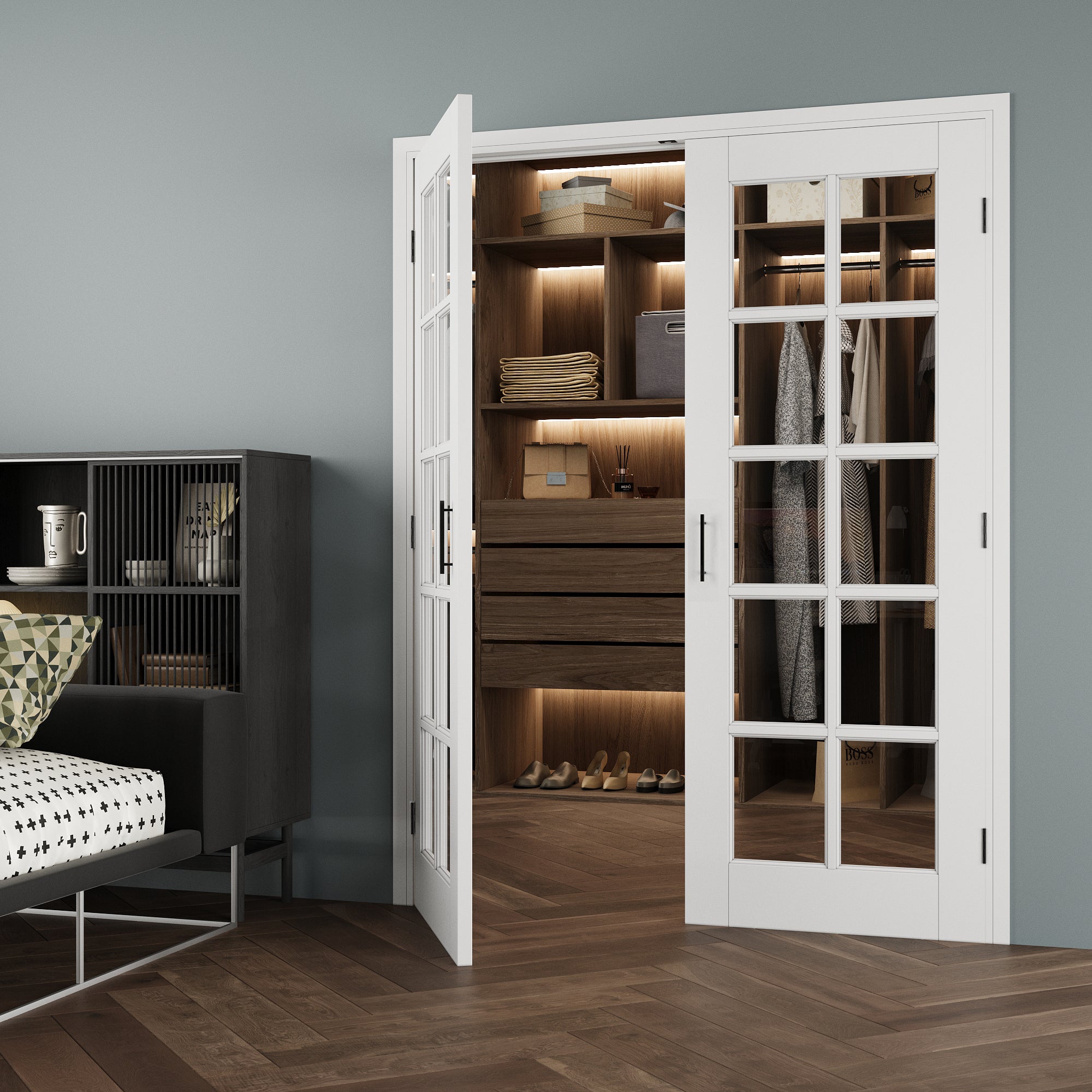 [Black Ball Catch Prehung French Door Collection] 10-Lite Clear Glass White Solid Core Glass French Door Panels with Black Ball Catch Ready-to-Assemble Jamb