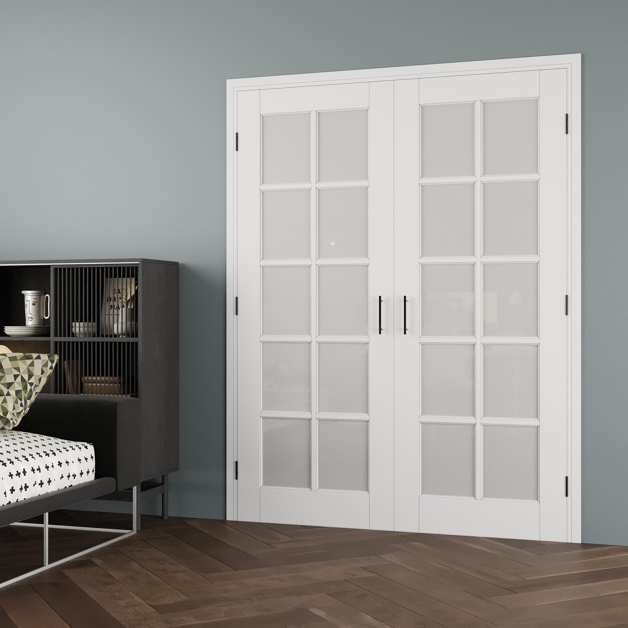 [Black Ball Catch Prehung French Door Collection] 10-Lite Frosted Glass White Solid Core Glass French Door Panels with Black Ball Catch Ready-to-Assemble Jamb