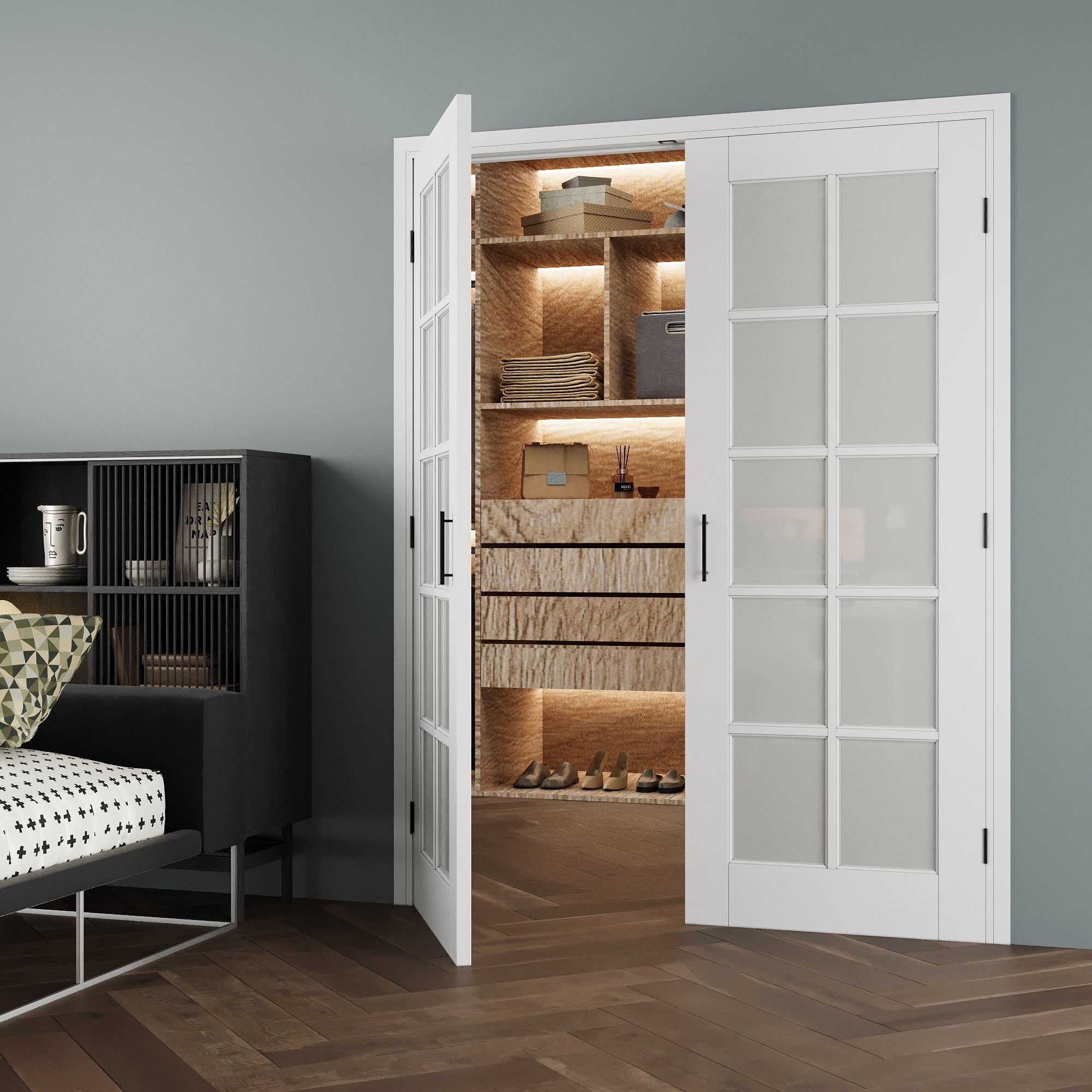 [Black Ball Catch Prehung French Door Collection] 10-Lite Frosted Glass White Solid Core Glass French Door Panels with Black Ball Catch Ready-to-Assemble Jamb