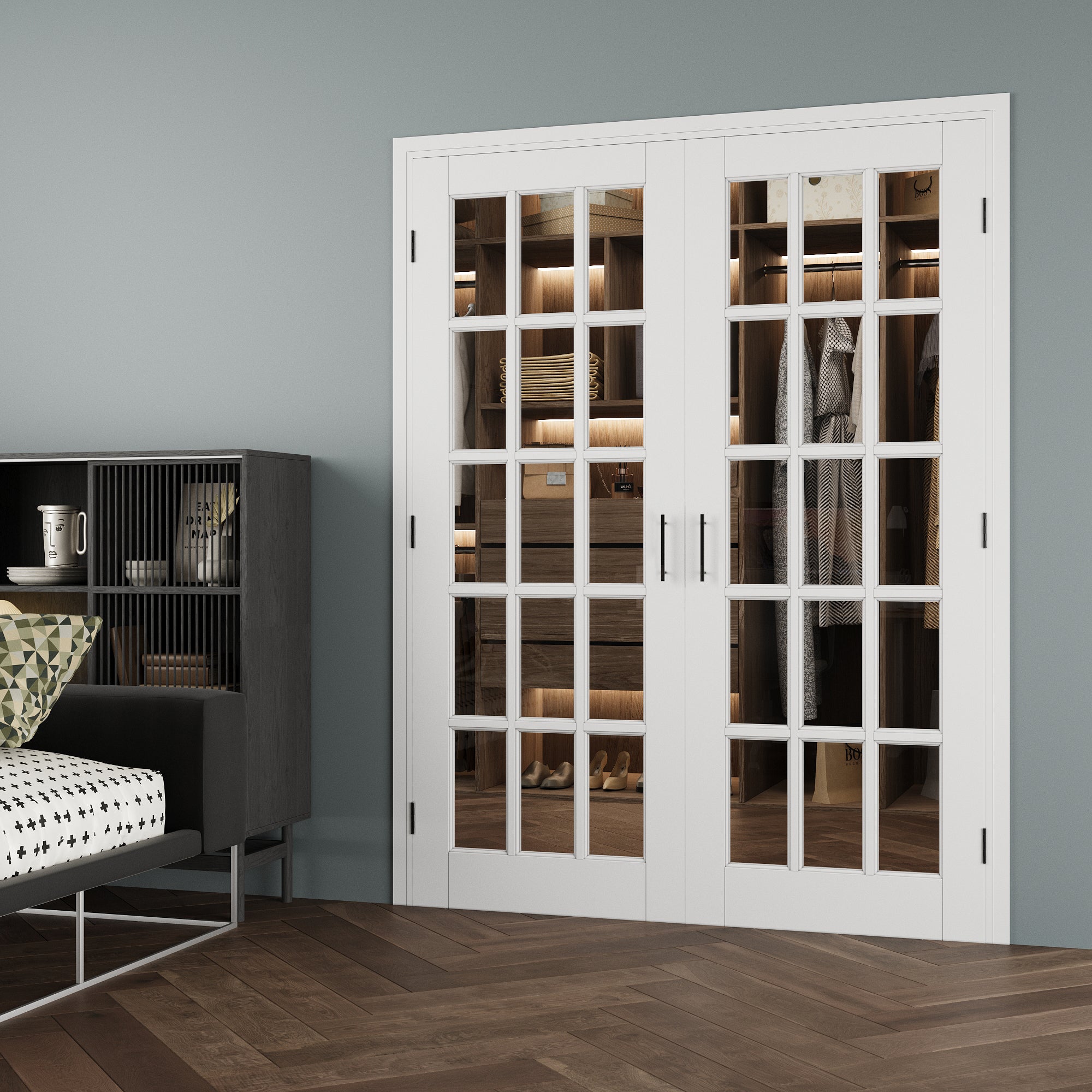 [Black Ball Catch Prehung French Door Collection] 15-Lite Clear Glass White Solid Core Glass French Door Panels with Black Ball Catch Ready-to-Assemble Jamb