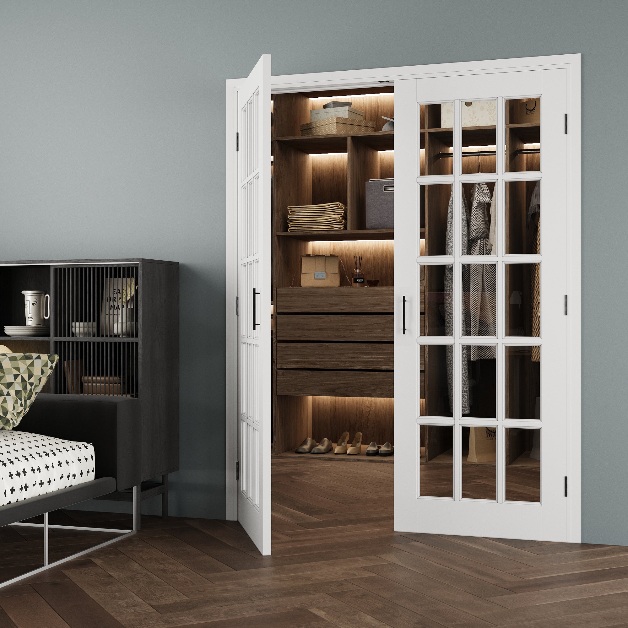 [Black Ball Catch Prehung French Door Collection] 15-Lite Clear Glass White Solid Core Glass French Door Panels with Black Ball Catch Ready-to-Assemble Jamb