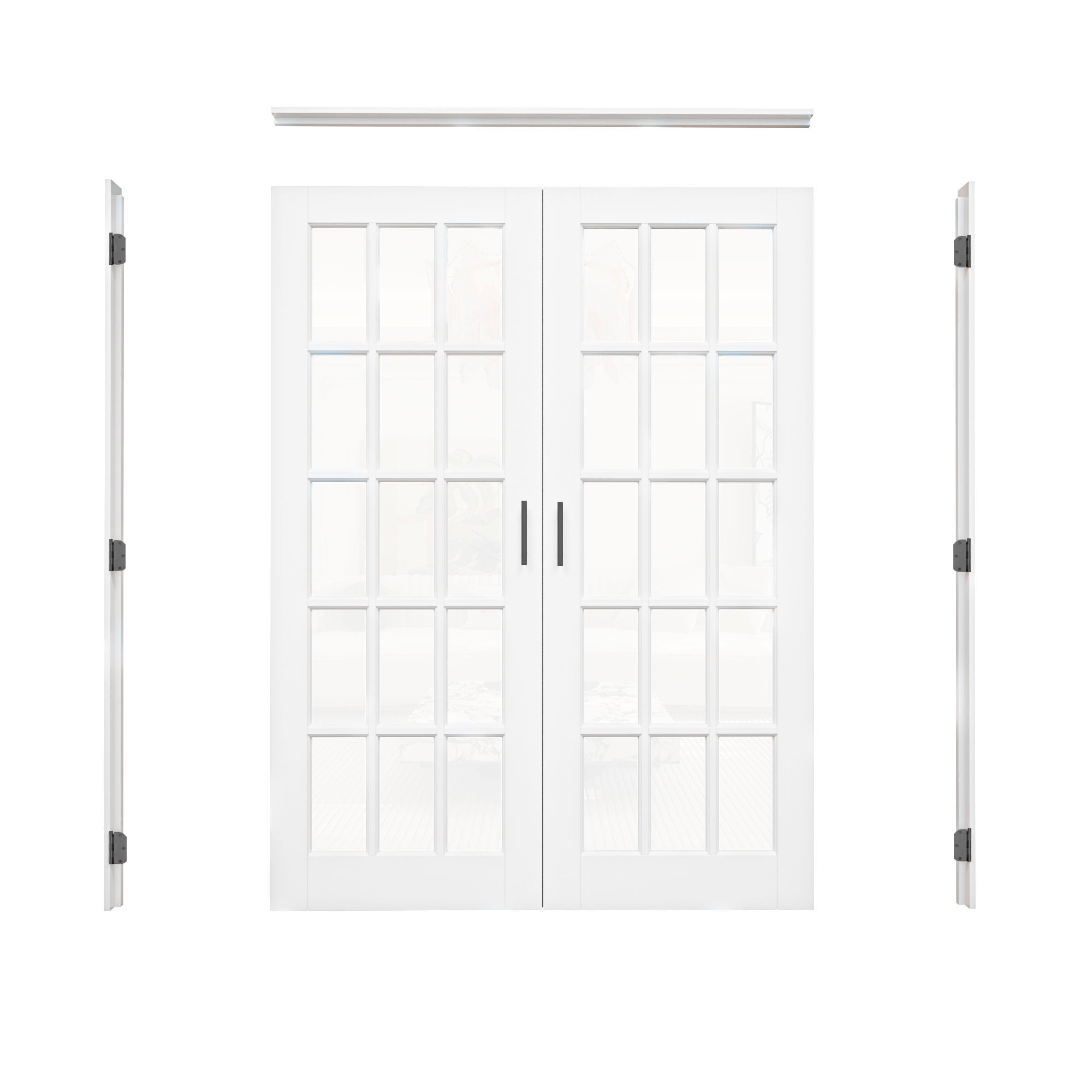 [Black Ball Catch Prehung French Door Collection] 15-Lite Clear Glass White Solid Core Glass French Door Panels with Black Ball Catch Ready-to-Assemble Jamb