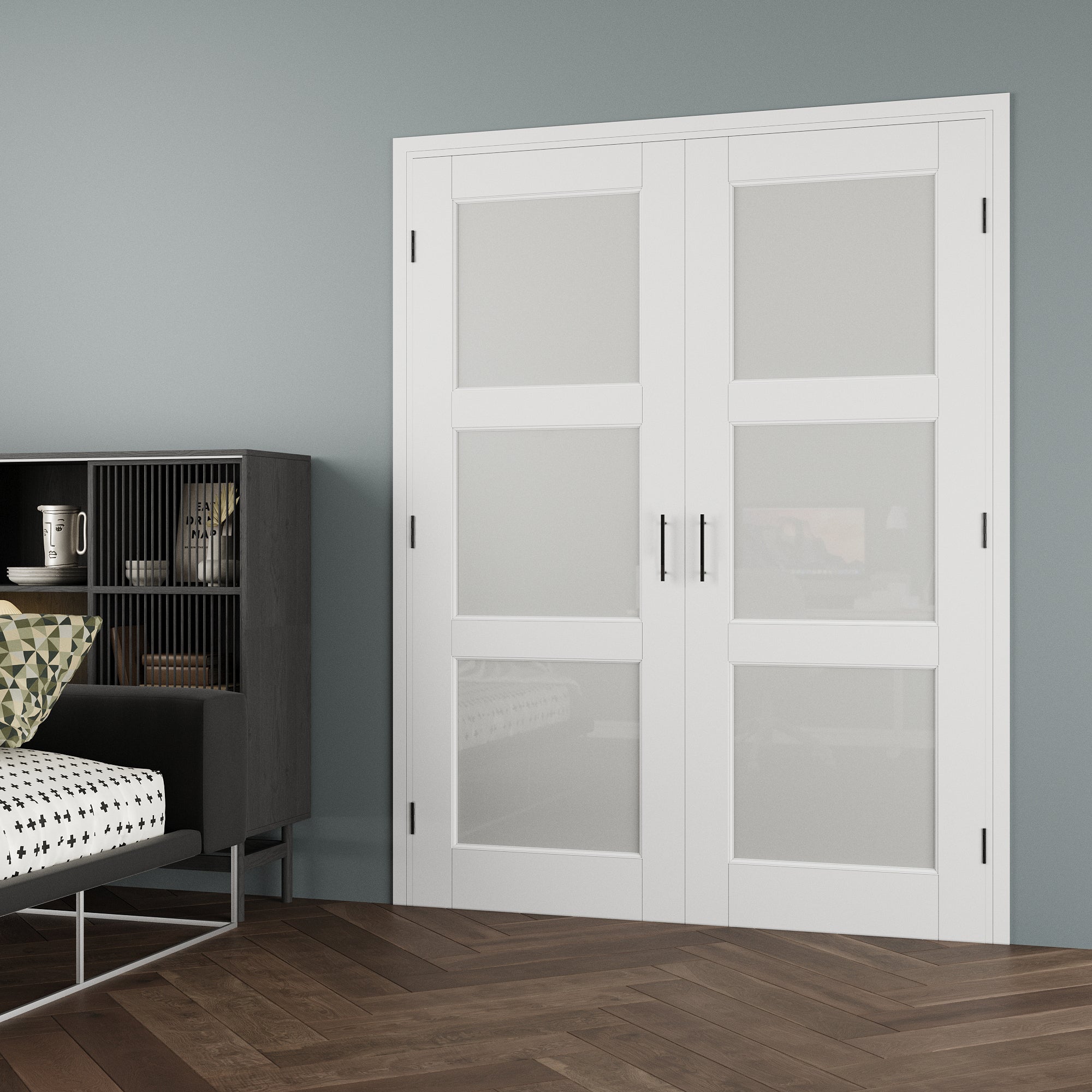 [Black Ball Catch Prehung French Door Collection] 3-Lite Frosted Glass White Solid Core Glass French Door Panels with Black Ball Catch Ready-to-Assemble Jamb