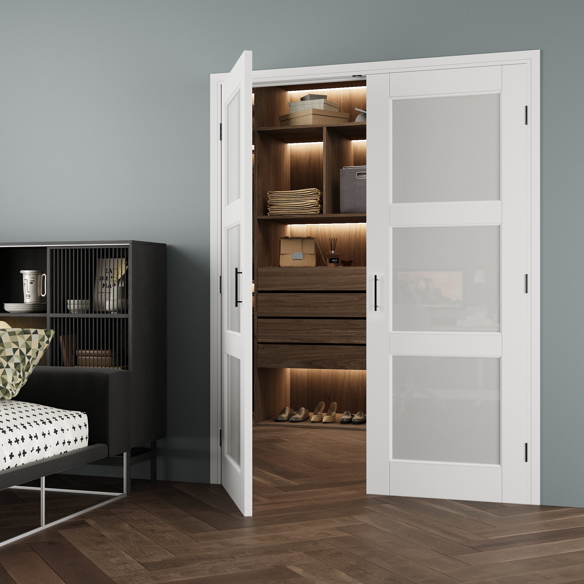[Black Ball Catch Prehung French Door Collection] 3-Lite Frosted Glass White Solid Core Glass French Door Panels with Black Ball Catch Ready-to-Assemble Jamb