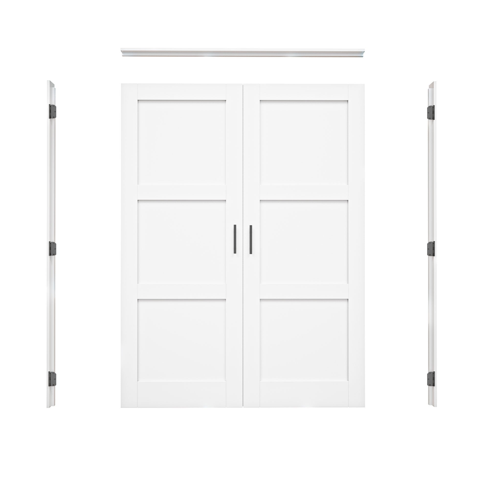 [Black Ball Catch Prehung French Door Collection] 3-Lite Panel White Solid Core Glass French Door Panels with Black Ball Catch Ready-to-Assemble Jamb