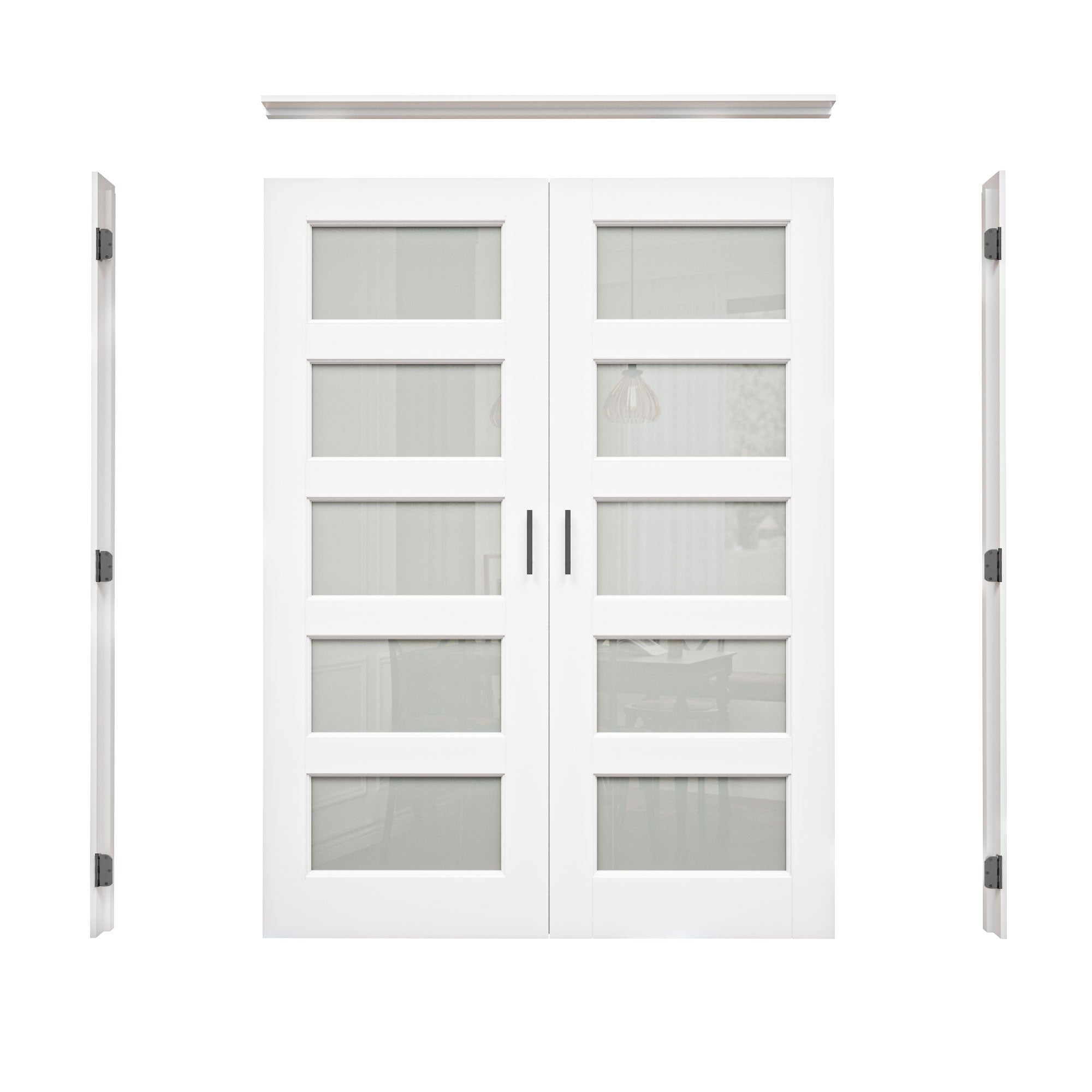 [Black Ball Catch Prehung French Door Collection] 5-Lite Frosted Glass White Solid Core Glass French Door Panels with Black Ball Catch Ready-to-Assemble Jamb
