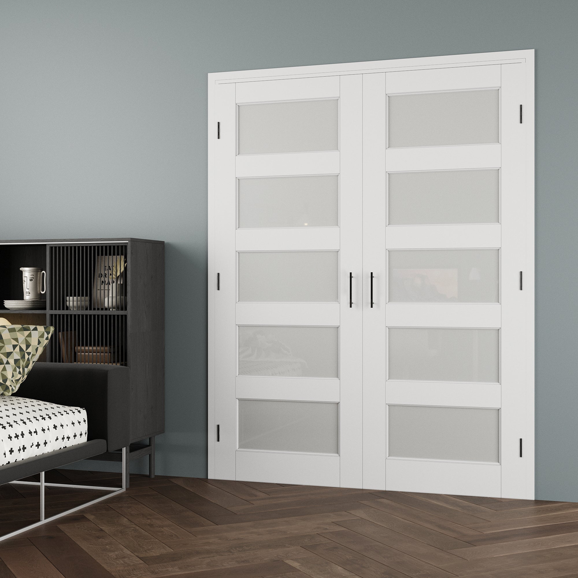 [Black Ball Catch Prehung French Door Collection] 5-Lite Frosted Glass White Solid Core Glass French Door Panels with Black Ball Catch Ready-to-Assemble Jamb