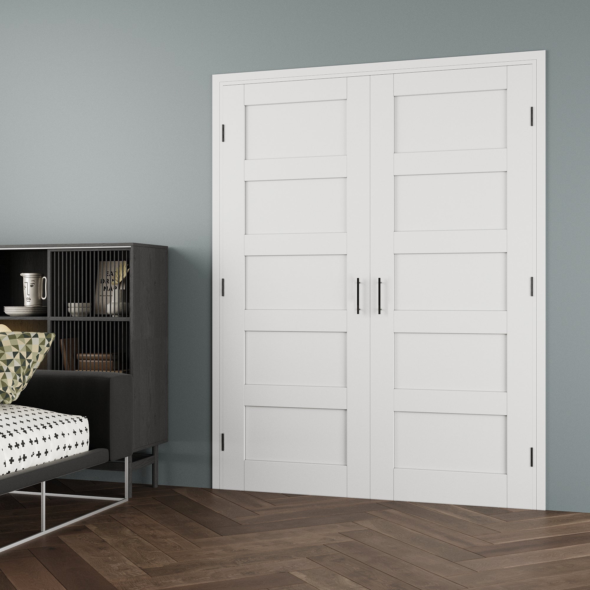 [Black Ball Catch Prehung French Door Collection] 5-Lite Panel White Solid Core Glass French Door Panels with Black Ball Catch Ready-to-Assemble Jamb