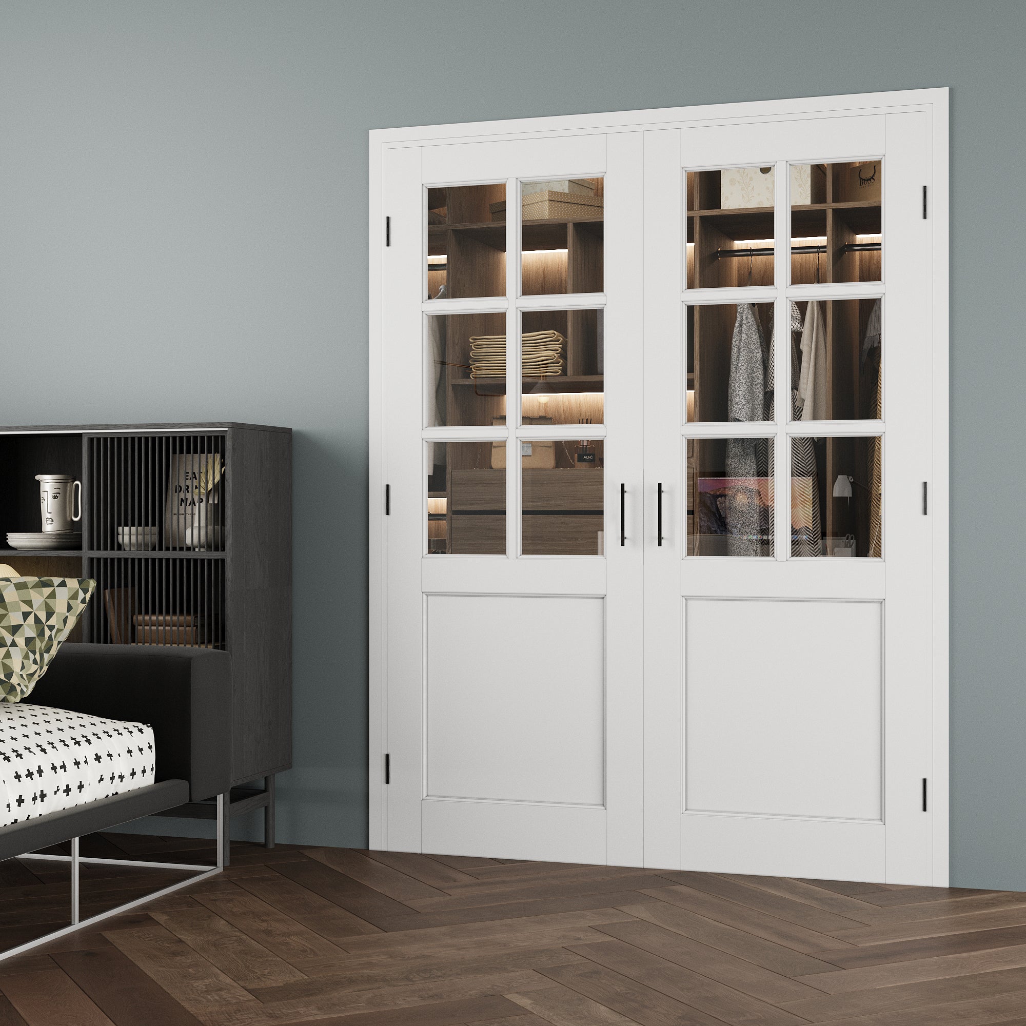 [Black Ball Catch Prehung French Door Collection] 6-Lite Clear Glass White Solid Core Glass French Door Panels with Black Ball Catch Ready-to-Assemble Jamb