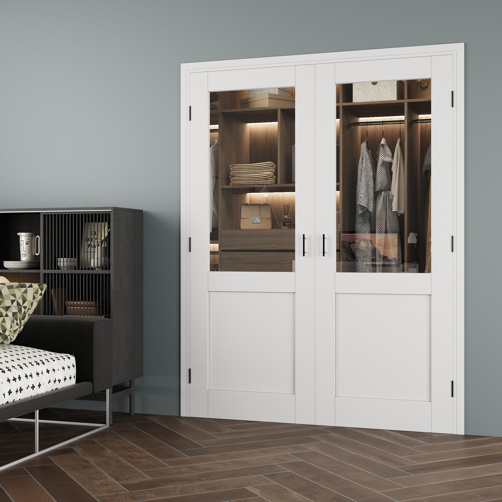[Black Ball Catch Prehung French Door Collection] Half-Lite Clear Glass White Solid Core Glass French Door Panels with Black Ball Catch Ready-to-Assemble Jamb