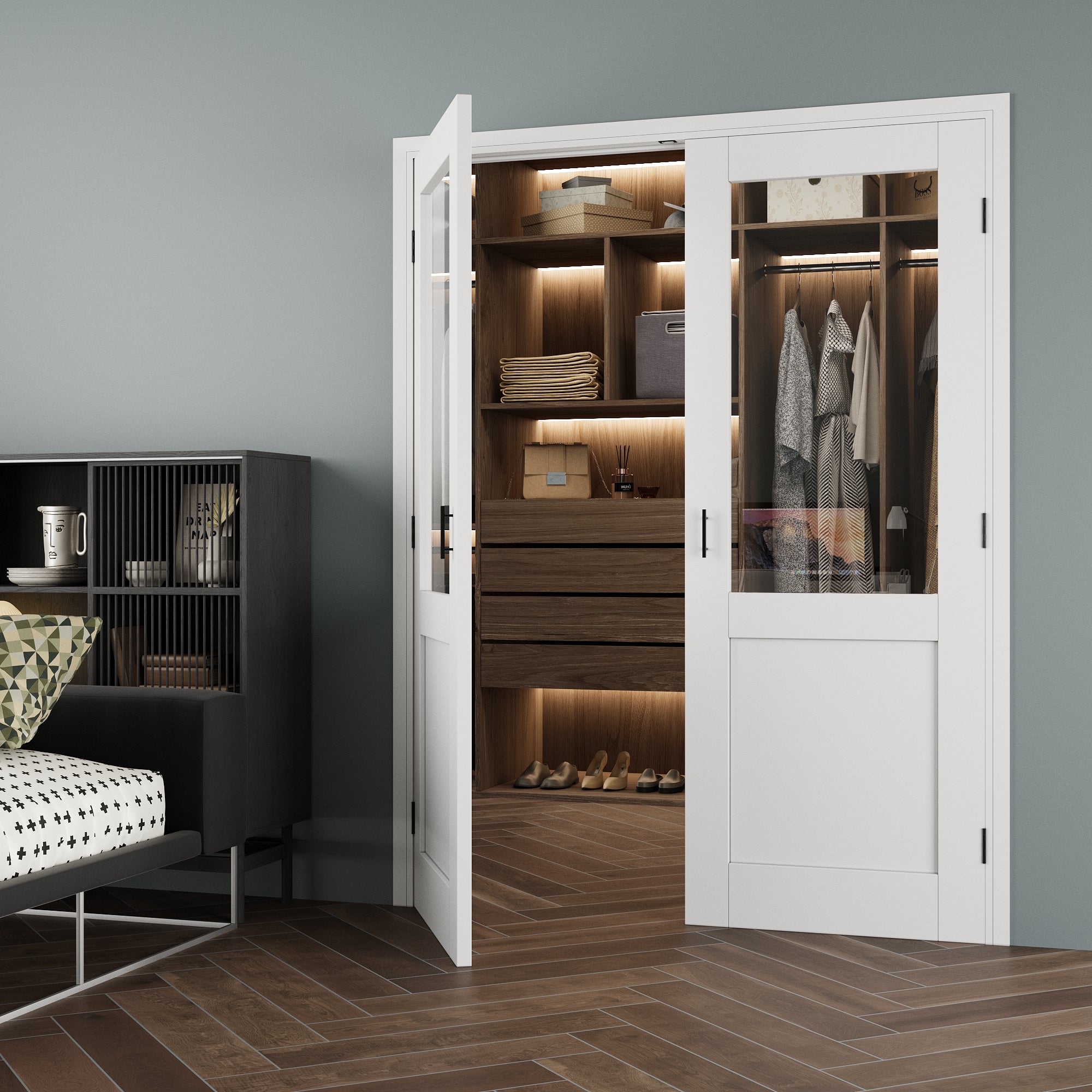 [Black Ball Catch Prehung French Door Collection] Half-Lite Clear Glass White Solid Core Glass French Door Panels with Black Ball Catch Ready-to-Assemble Jamb