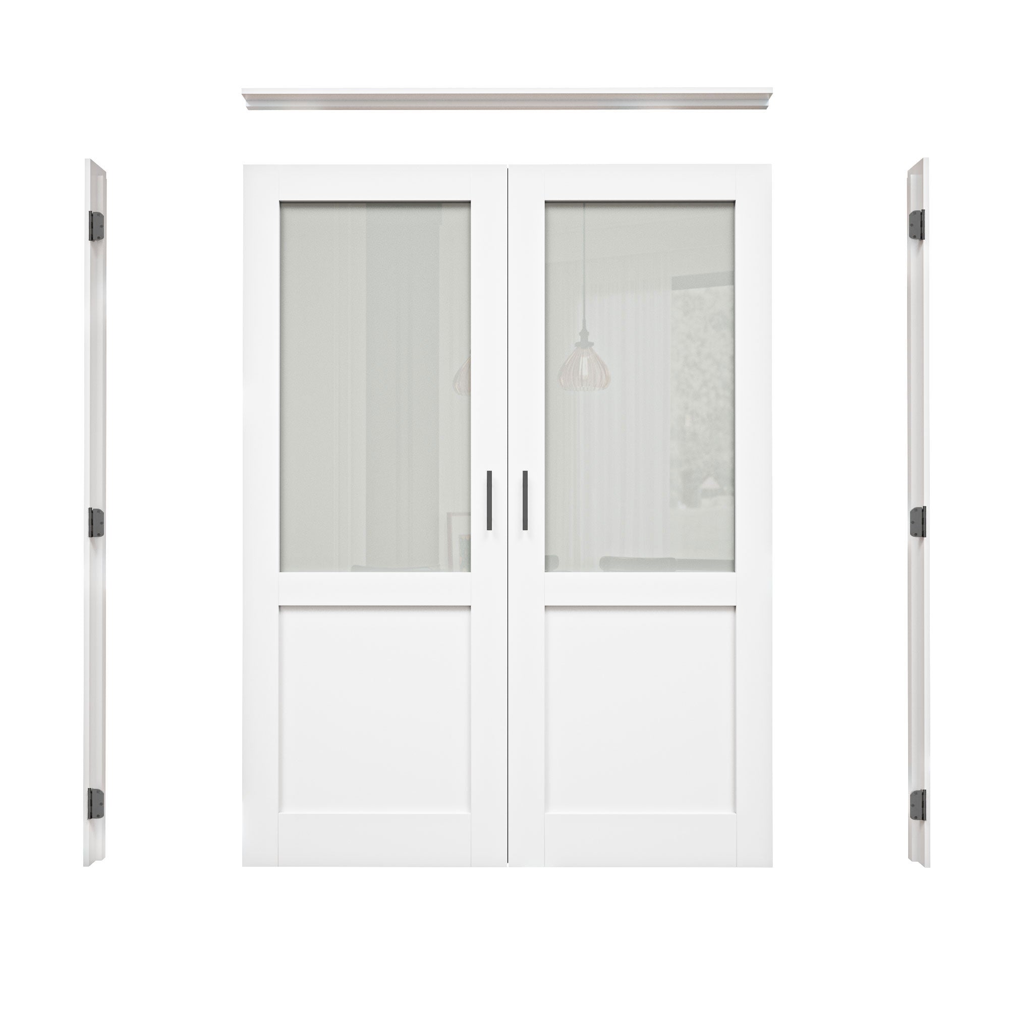 [Black Ball Catch Prehung French Door Collection] Half-Lite Frosted Glass White Solid Core Glass French Door Panels with Black Ball Catch Ready-to-Assemble Jamb