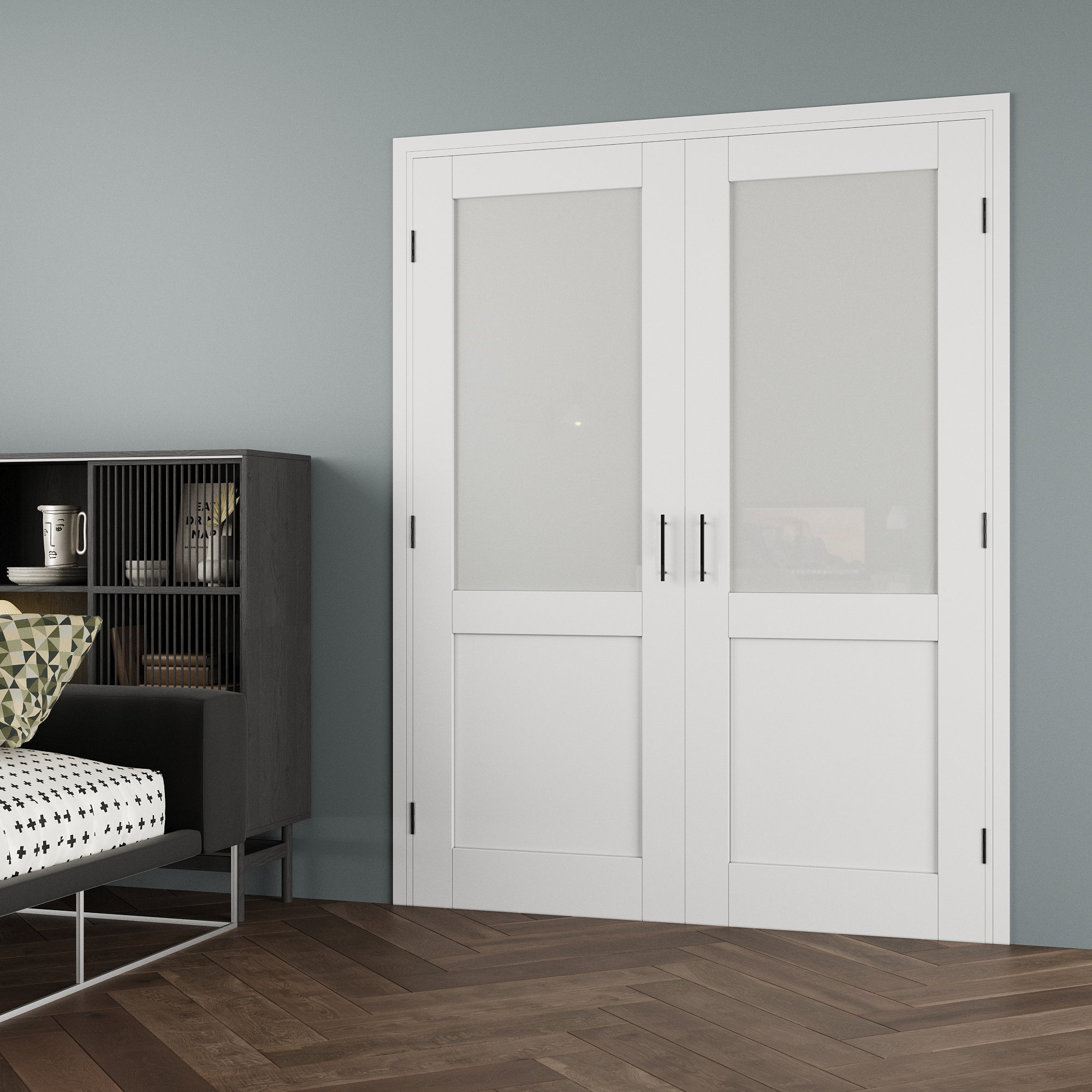 [Black Ball Catch Prehung French Door Collection] Half-Lite Frosted Glass White Solid Core Glass French Door Panels with Black Ball Catch Ready-to-Assemble Jamb