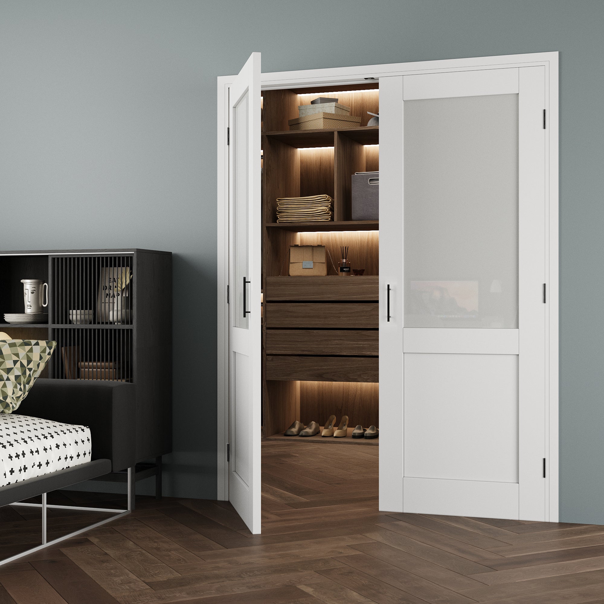 [Black Ball Catch Prehung French Door Collection] Half-Lite Frosted Glass White Solid Core Glass French Door Panels with Black Ball Catch Ready-to-Assemble Jamb