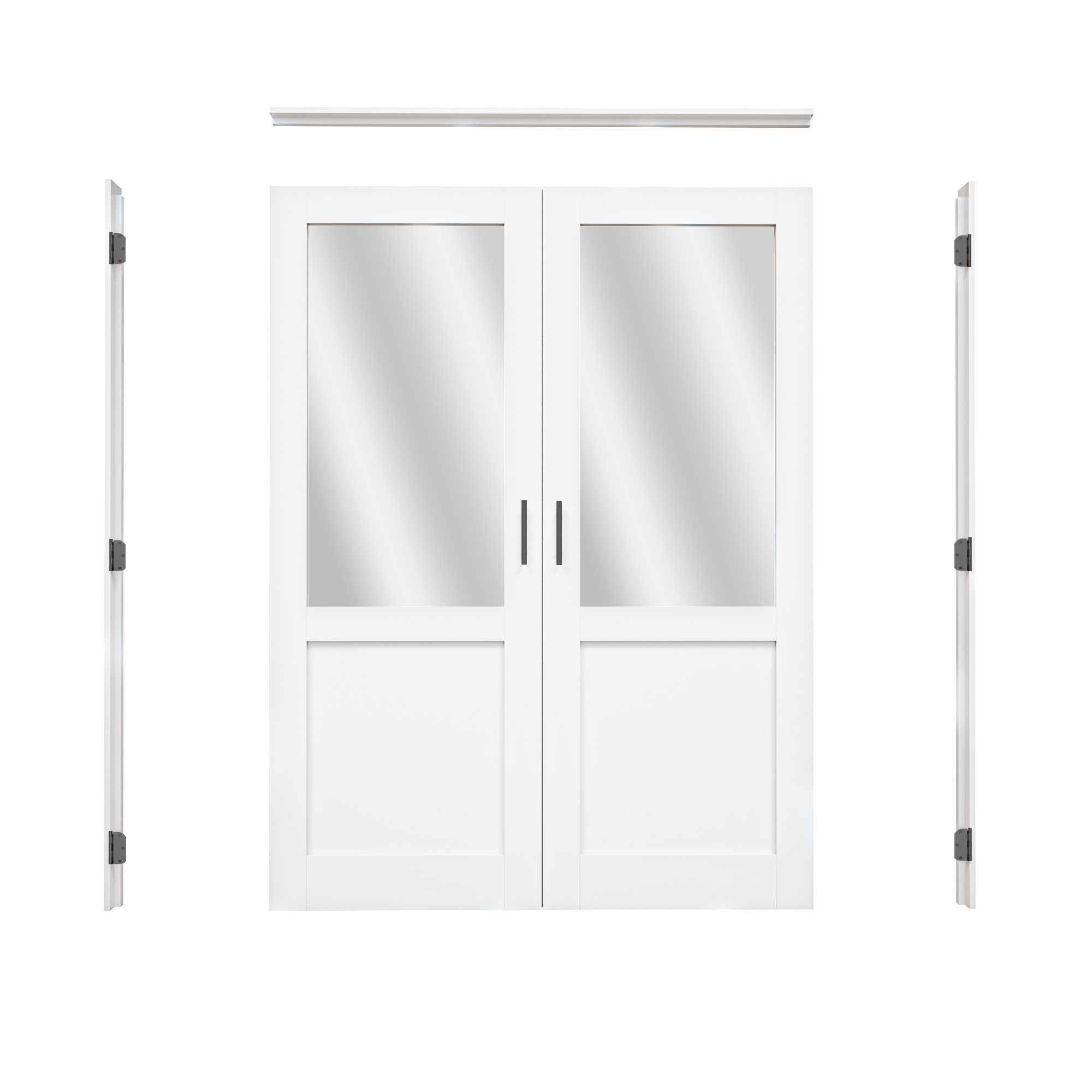 [Black Ball Catch Prehung French Door Collection] Half-Lite Mirror White Solid Core Glass French Door Panels with Black Ball Catch Ready-to-Assemble Jamb