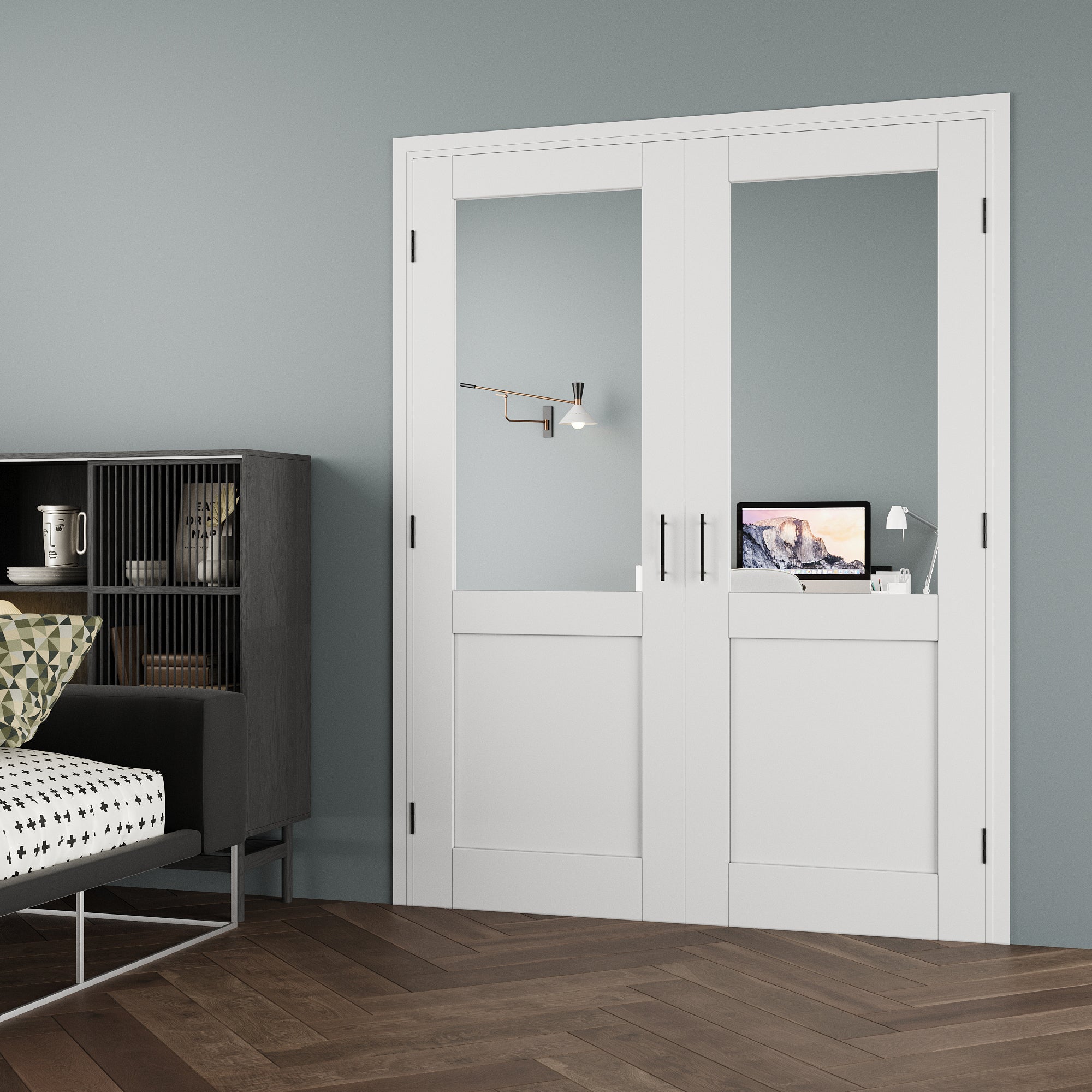 [Black Ball Catch Prehung French Door Collection] Half-Lite Mirror White Solid Core Glass French Door Panels with Black Ball Catch Ready-to-Assemble Jamb