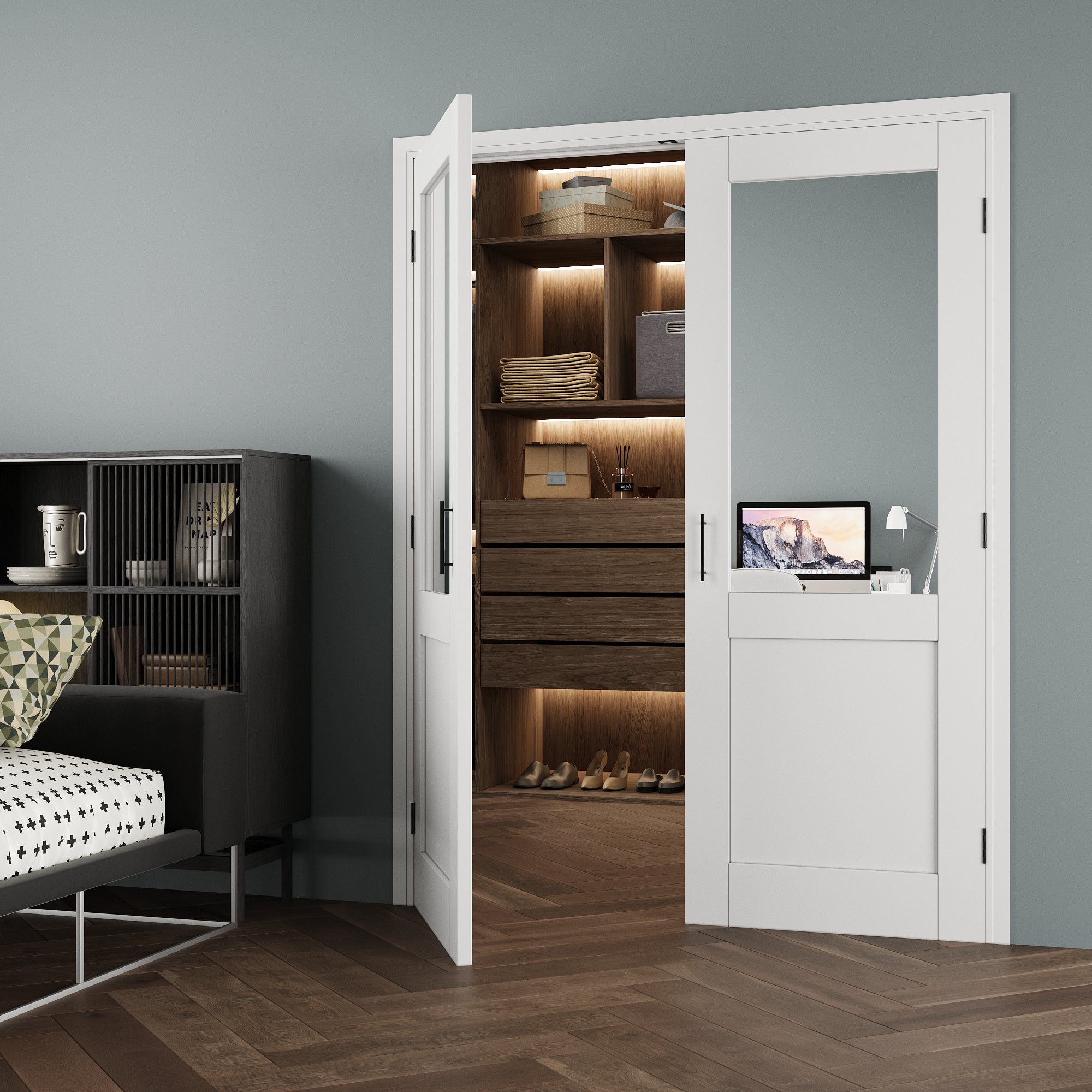 [Black Ball Catch Prehung French Door Collection] Half-Lite Mirror White Solid Core Glass French Door Panels with Black Ball Catch Ready-to-Assemble Jamb