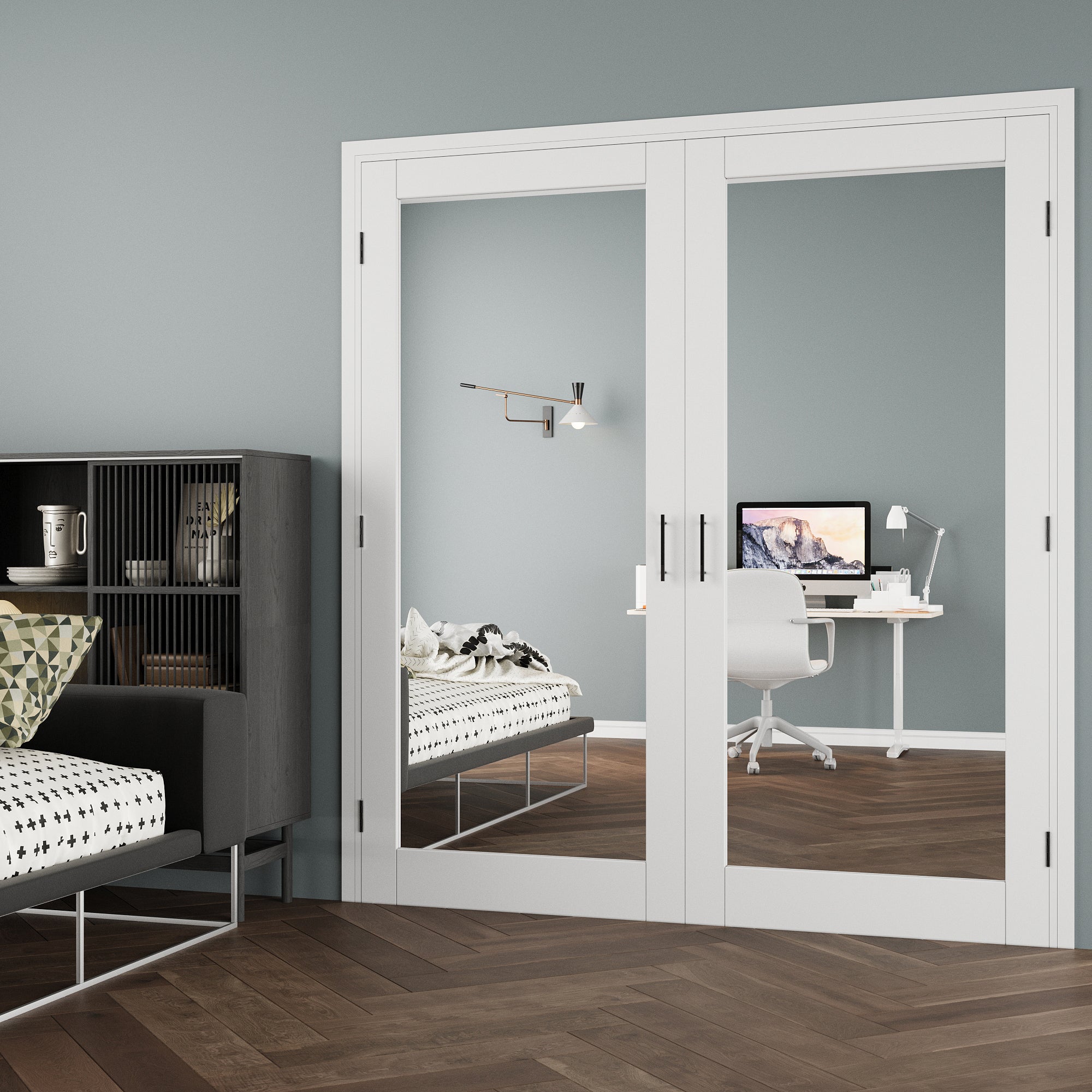 [Black Ball Catch Prehung French Door Collection] 1-Lite Double Side Mirror White Solid Core Glass French Door Panels with Black Ball Catch Ready-to-Assemble Jamb