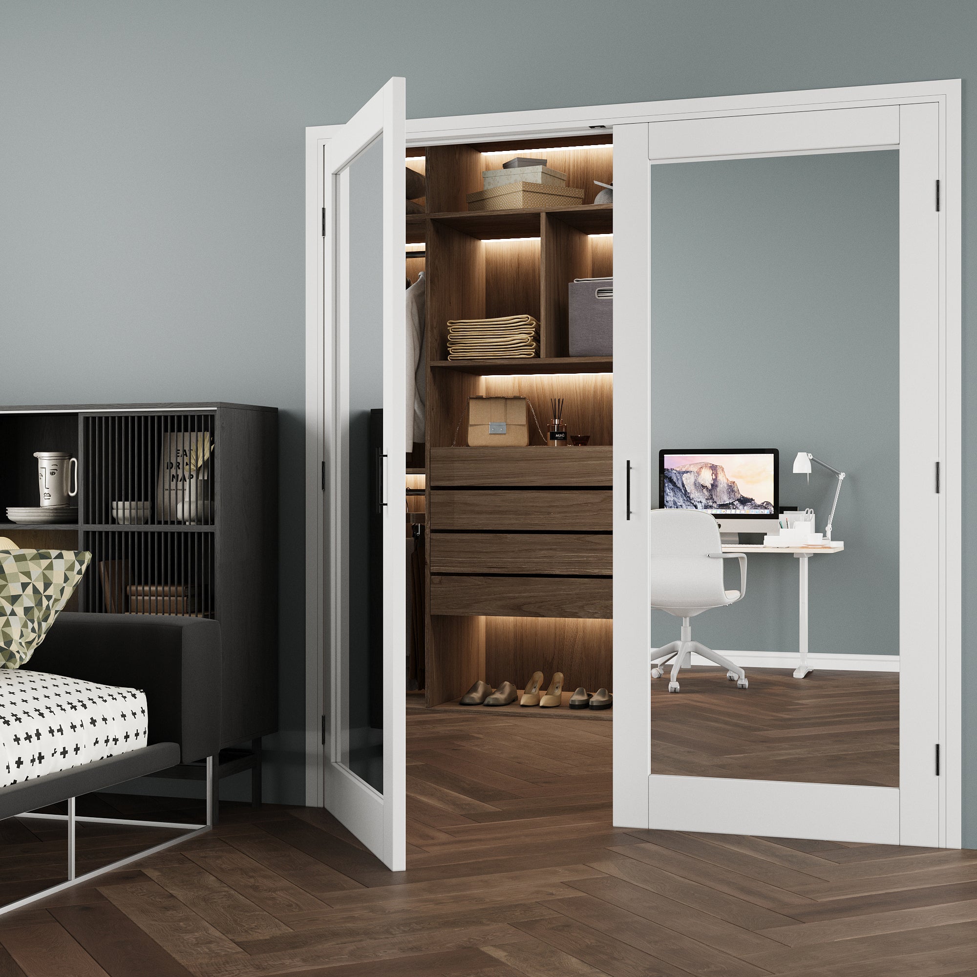 [Black Ball Catch Prehung French Door Collection] 1-Lite Double Side Mirror White Solid Core Glass French Door Panels with Black Ball Catch Ready-to-Assemble Jamb