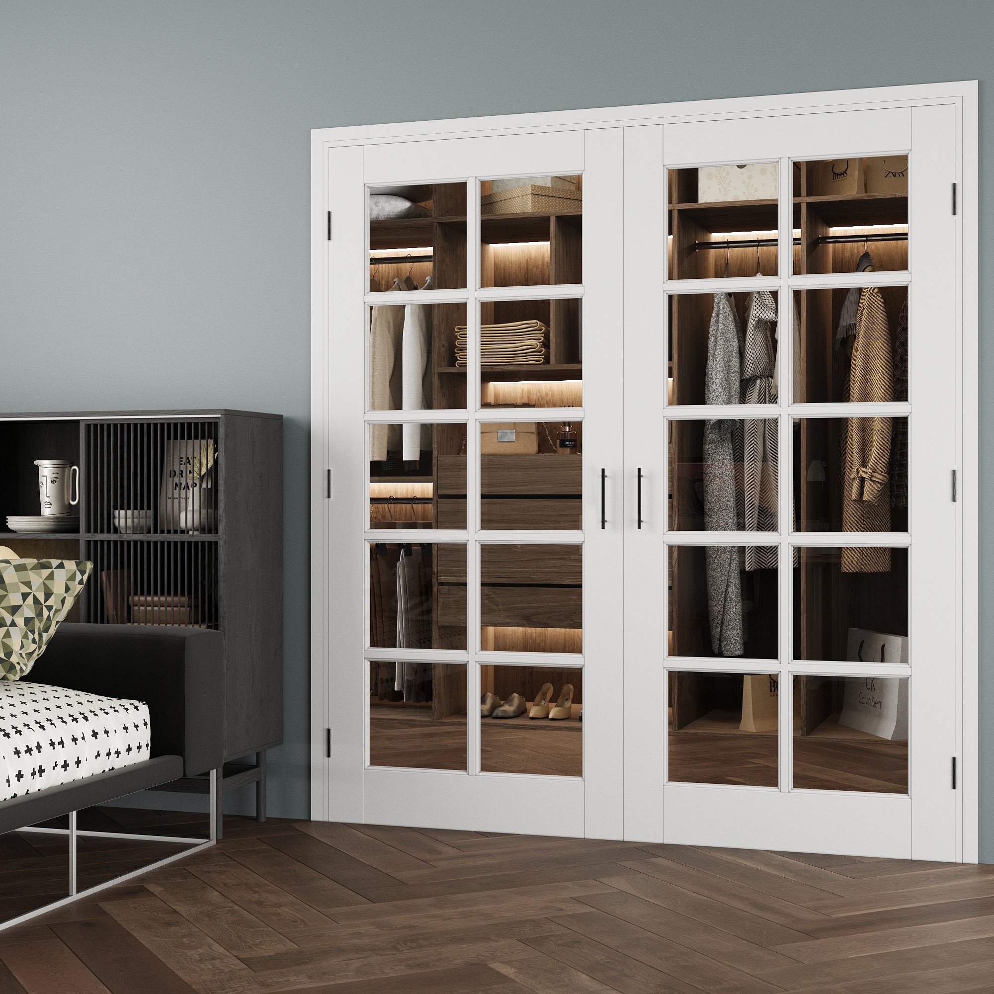 [Black Ball Catch Prehung French Door Collection] 10-Lite Clear Glass White Solid Core Glass French Door Panels with Black Ball Catch Ready-to-Assemble Jamb
