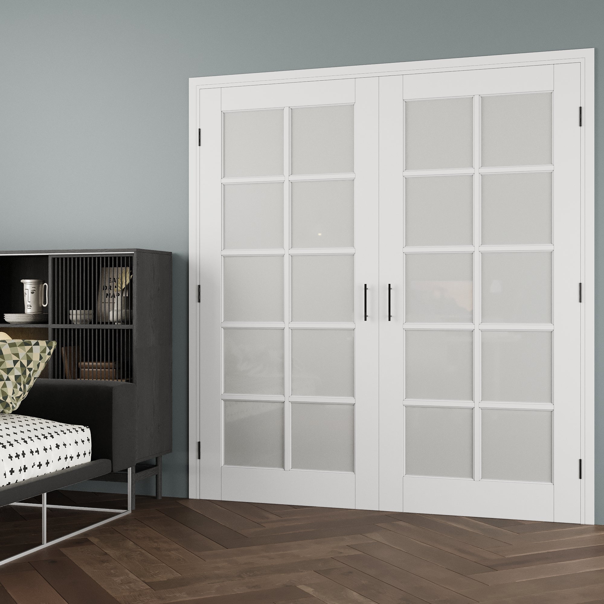[Black Ball Catch Prehung French Door Collection] 10-Lite Frosted Glass White Solid Core Glass French Door Panels with Black Ball Catch Ready-to-Assemble Jamb