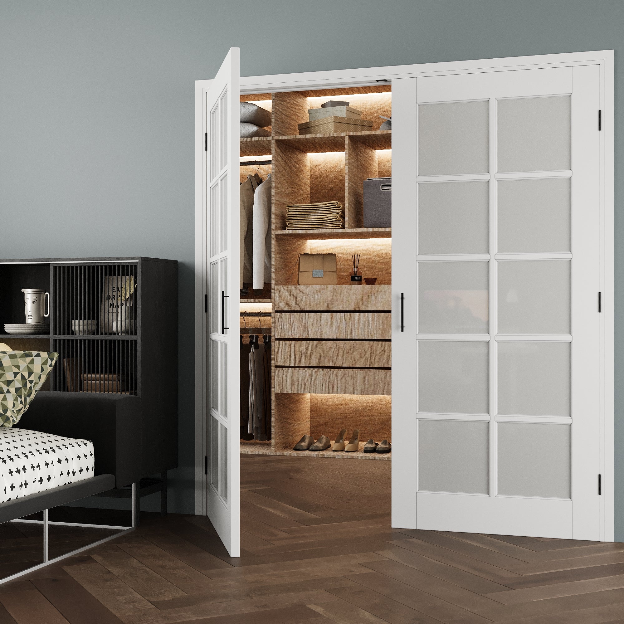 [Black Ball Catch Prehung French Door Collection] 10-Lite Frosted Glass White Solid Core Glass French Door Panels with Black Ball Catch Ready-to-Assemble Jamb