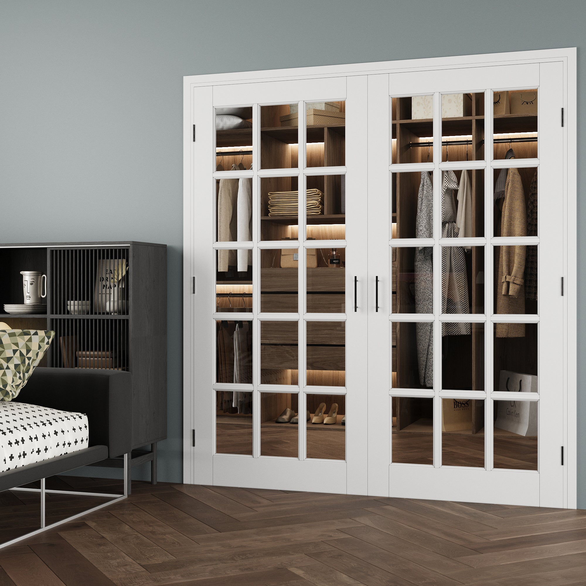 [Black Ball Catch Prehung French Door Collection] 15-Lite Clear Glass White Solid Core Glass French Door Panels with Black Ball Catch Ready-to-Assemble Jamb