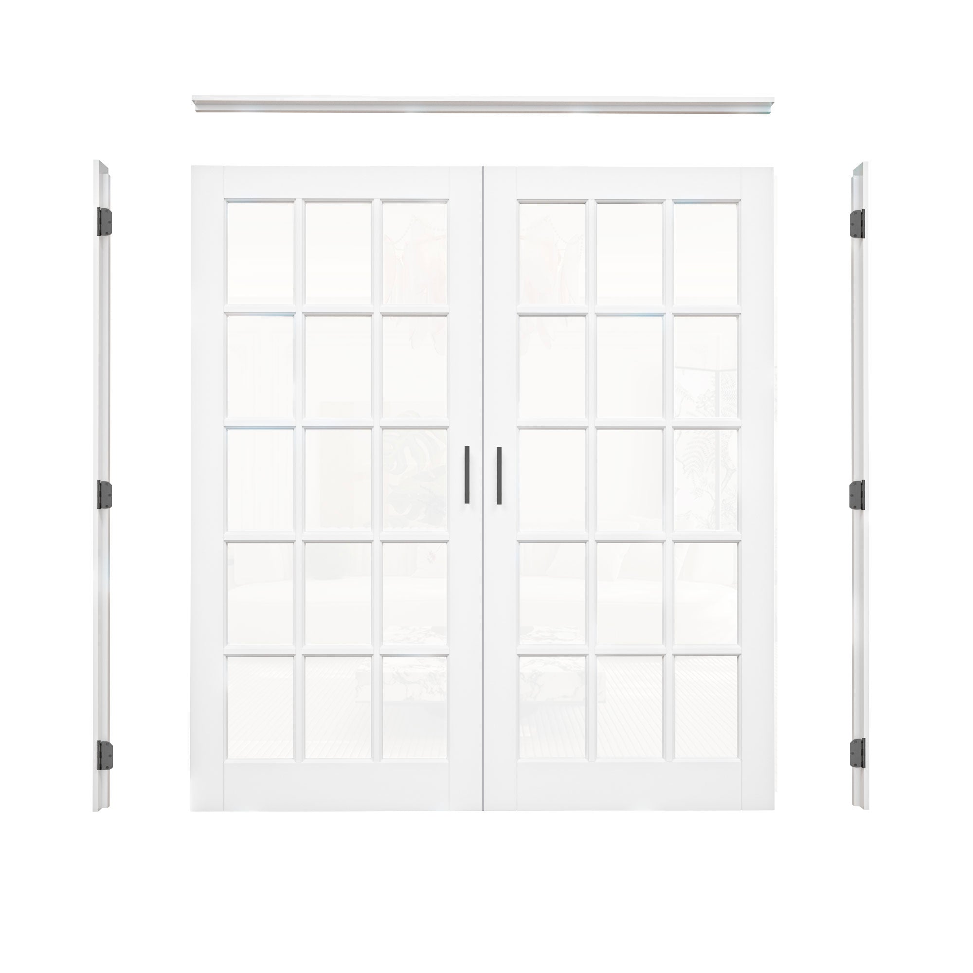 [Black Ball Catch Prehung French Door Collection] 15-Lite Clear Glass White Solid Core Glass French Door Panels with Black Ball Catch Ready-to-Assemble Jamb