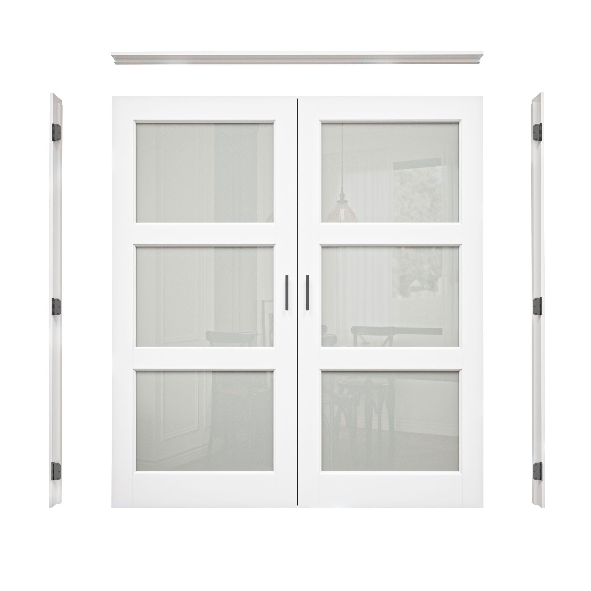 [Black Ball Catch Prehung French Door Collection] 3-Lite Frosted Glass White Solid Core Glass French Door Panels with Black Ball Catch Ready-to-Assemble Jamb