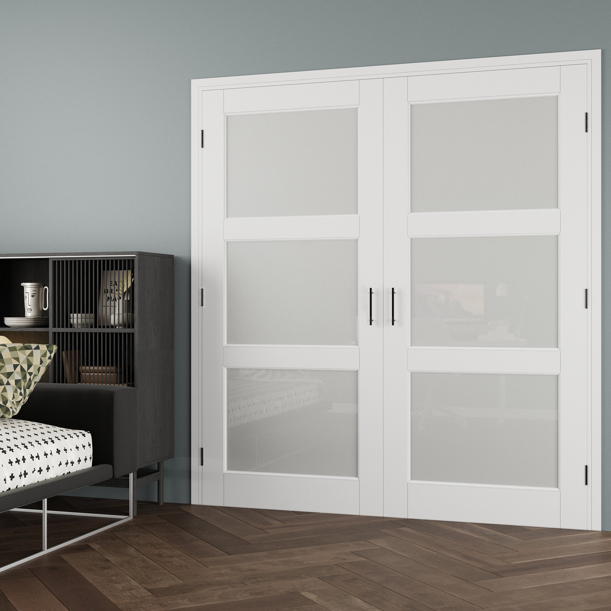 [Black Ball Catch Prehung French Door Collection] 3-Lite Frosted Glass White Solid Core Glass French Door Panels with Black Ball Catch Ready-to-Assemble Jamb