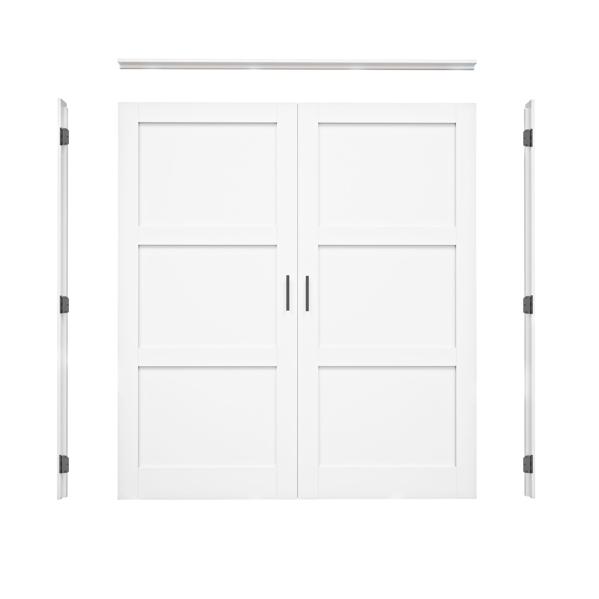 [Black Ball Catch Prehung French Door Collection] 3-Lite Panel White Solid Core Glass French Door Panels with Black Ball Catch Ready-to-Assemble Jamb