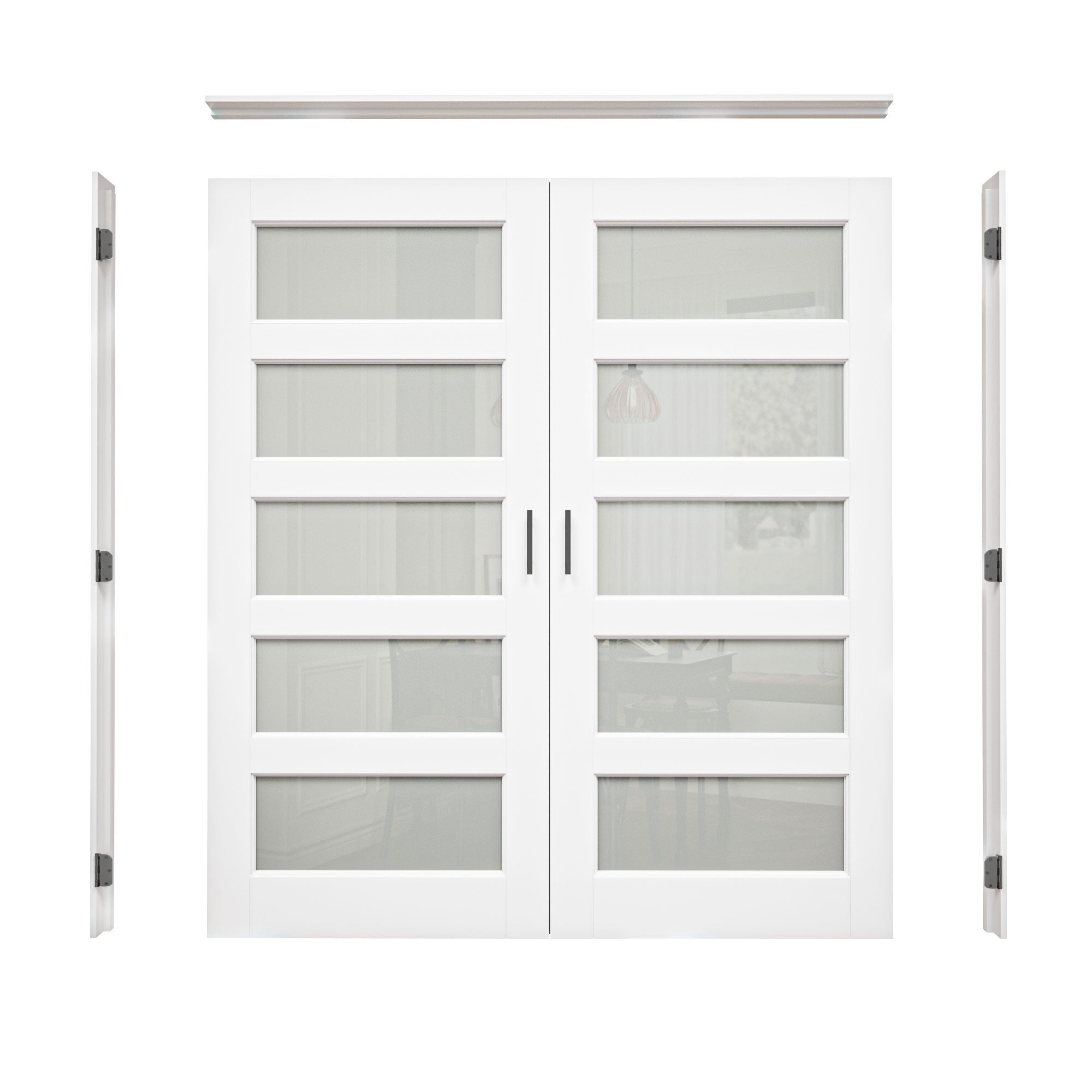 [Black Ball Catch Prehung French Door Collection] 5-Lite Frosted Glass White Solid Core Glass French Door Panels with Black Ball Catch Ready-to-Assemble Jamb
