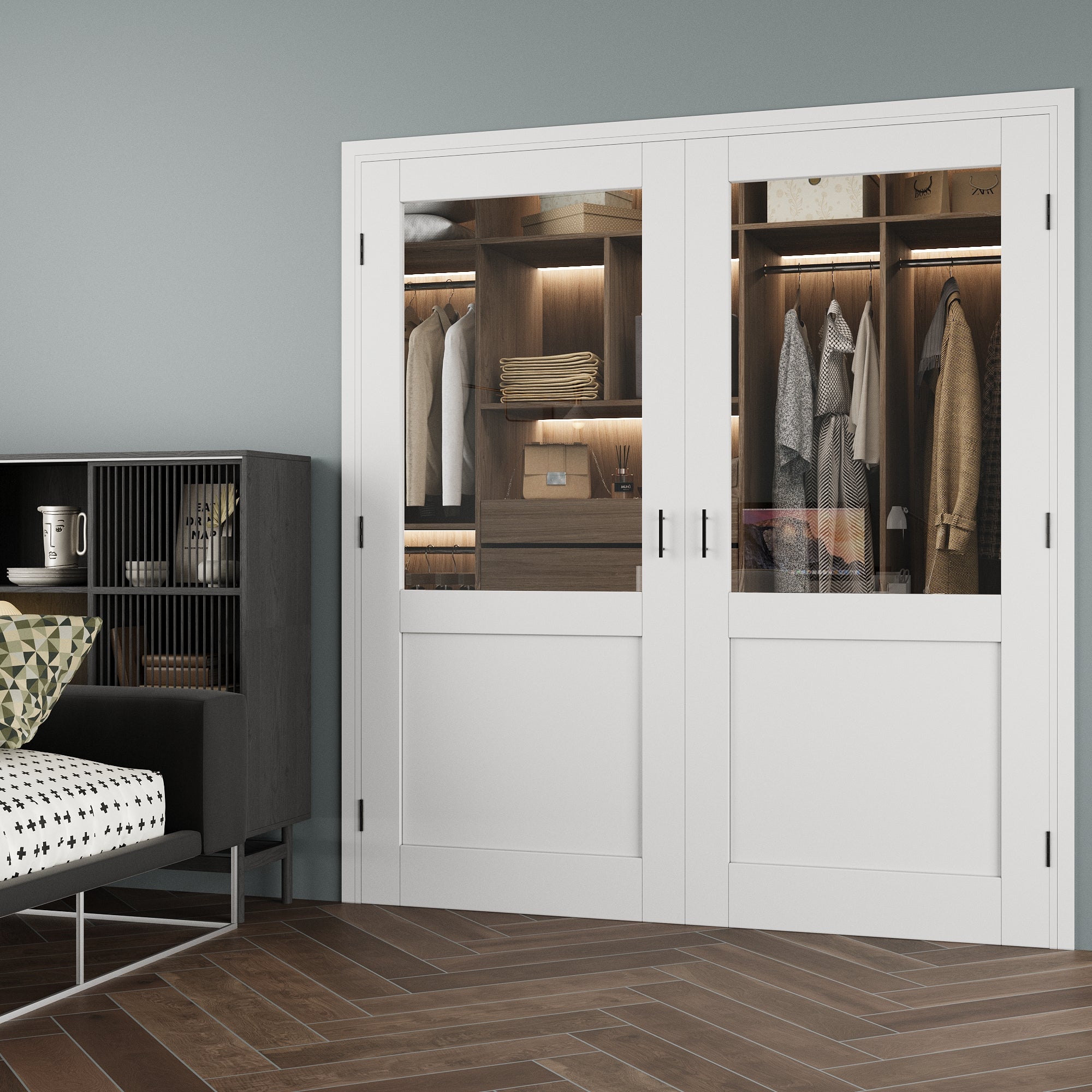[Black Ball Catch Prehung French Door Collection] Half-Lite Clear Glass White Solid Core Glass French Door Panels with Black Ball Catch Ready-to-Assemble Jamb
