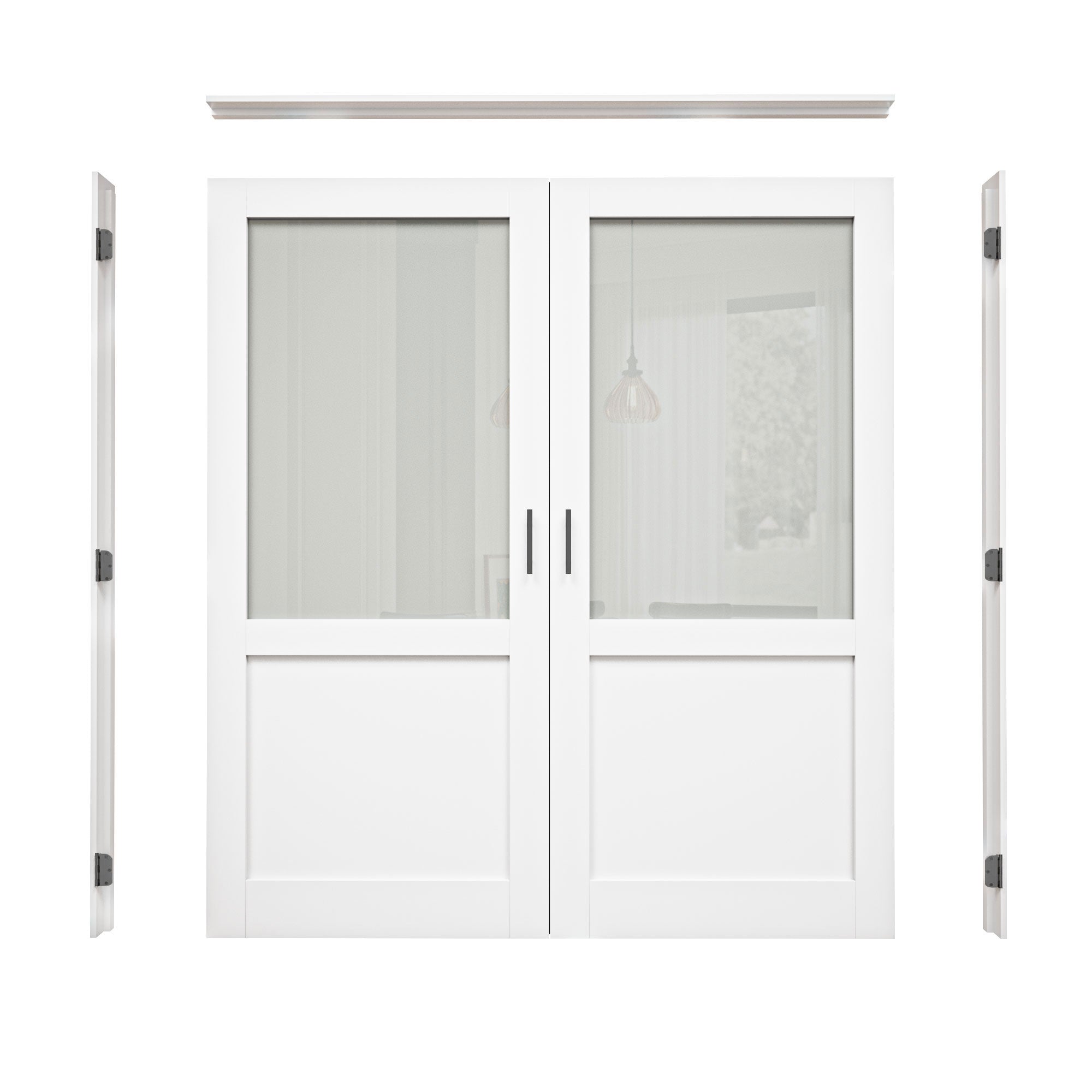 [Black Ball Catch Prehung French Door Collection] Half-Lite Frosted Glass White Solid Core Glass French Door Panels with Black Ball Catch Ready-to-Assemble Jamb