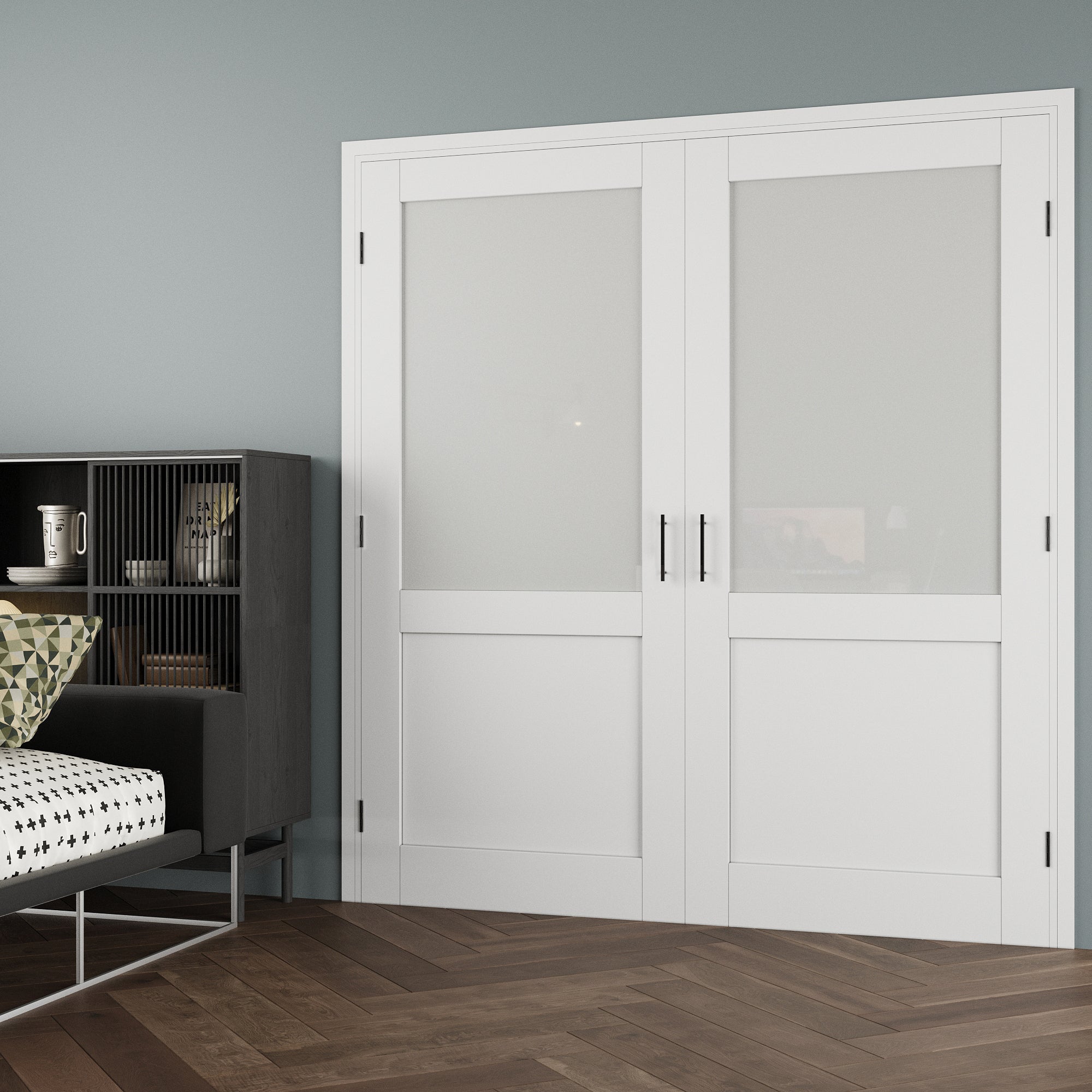 [Black Ball Catch Prehung French Door Collection] Half-Lite Frosted Glass White Solid Core Glass French Door Panels with Black Ball Catch Ready-to-Assemble Jamb