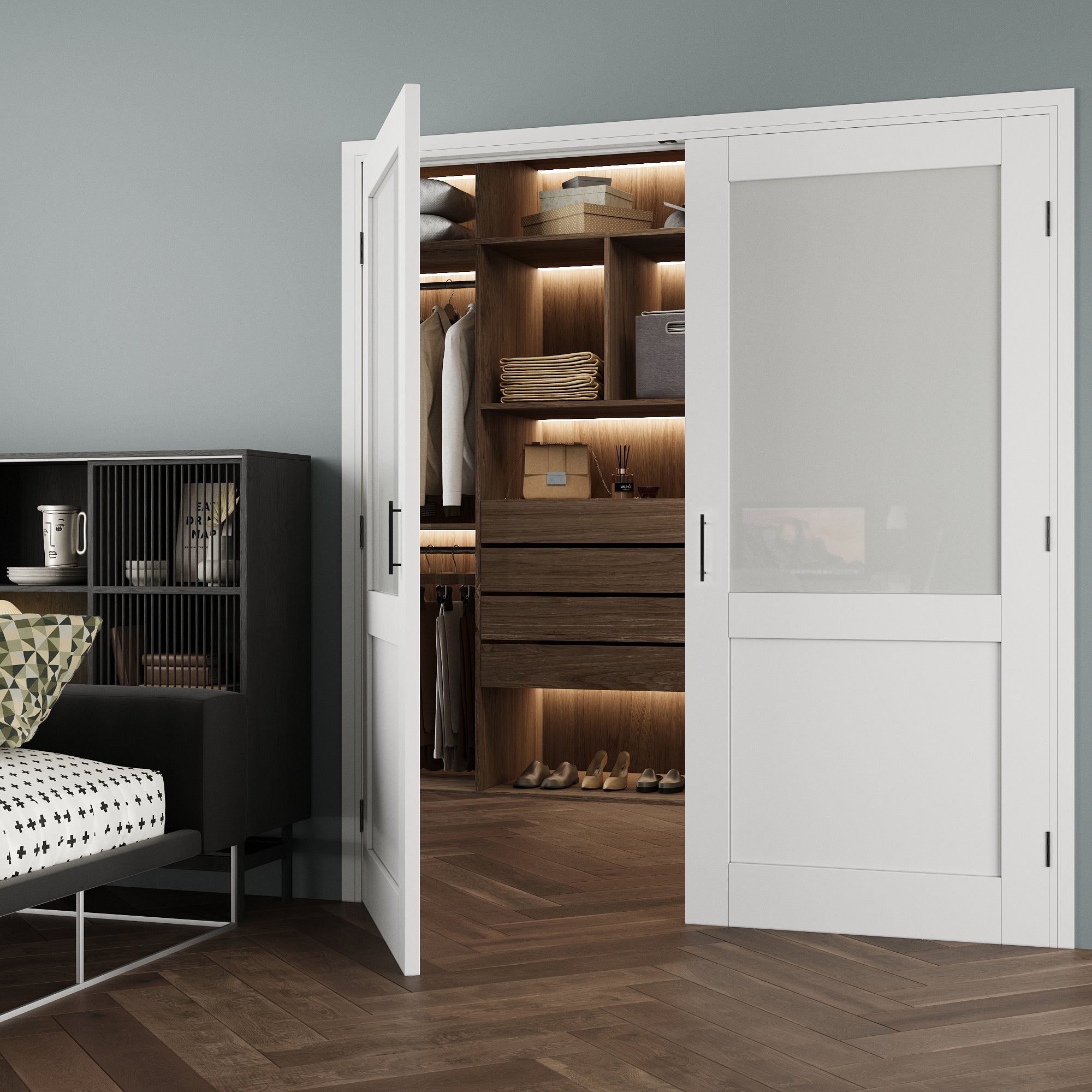 [Black Ball Catch Prehung French Door Collection] Half-Lite Frosted Glass White Solid Core Glass French Door Panels with Black Ball Catch Ready-to-Assemble Jamb