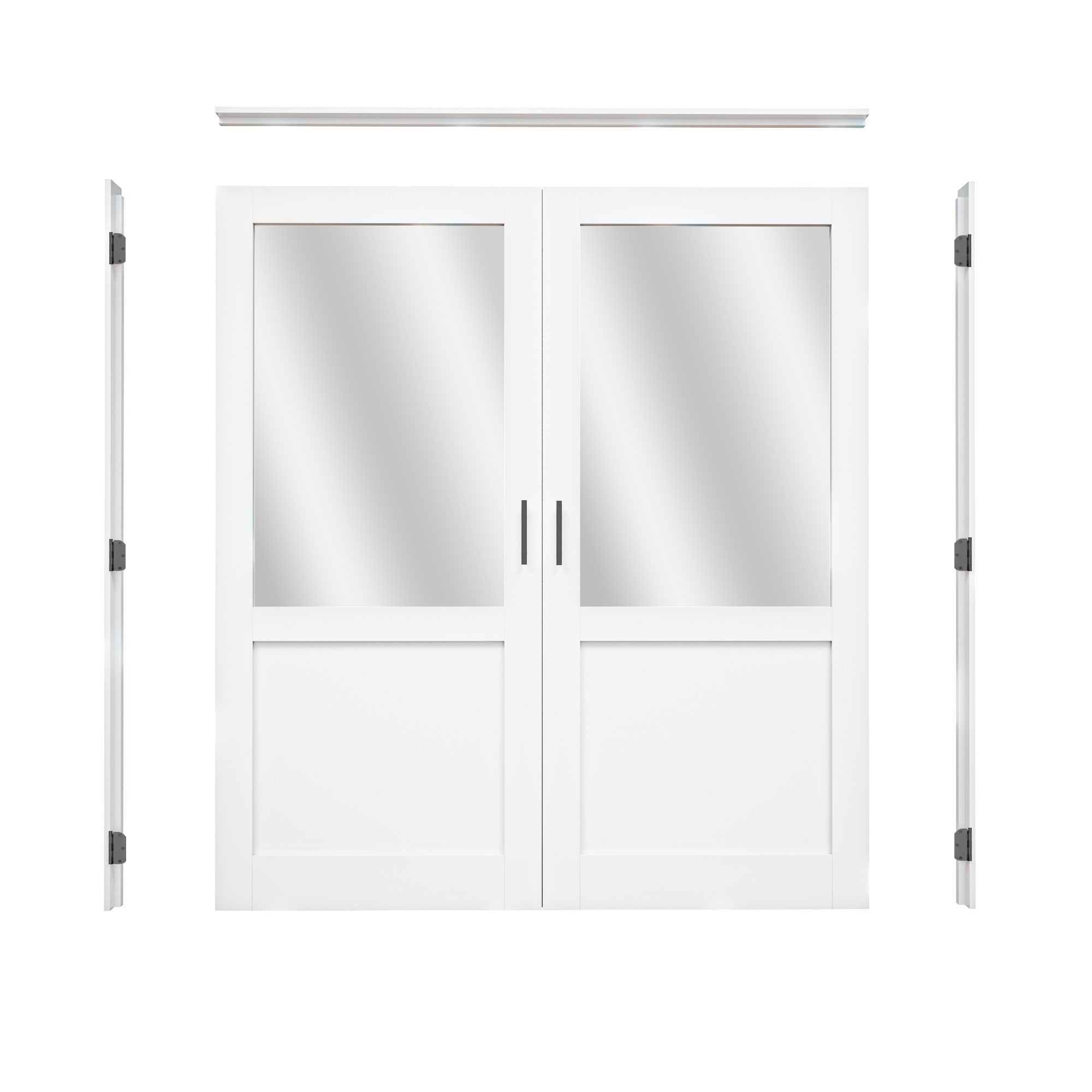 [Black Ball Catch Prehung French Door Collection] Half-Lite Mirror White Solid Core Glass French Door Panels with Black Ball Catch Ready-to-Assemble Jamb