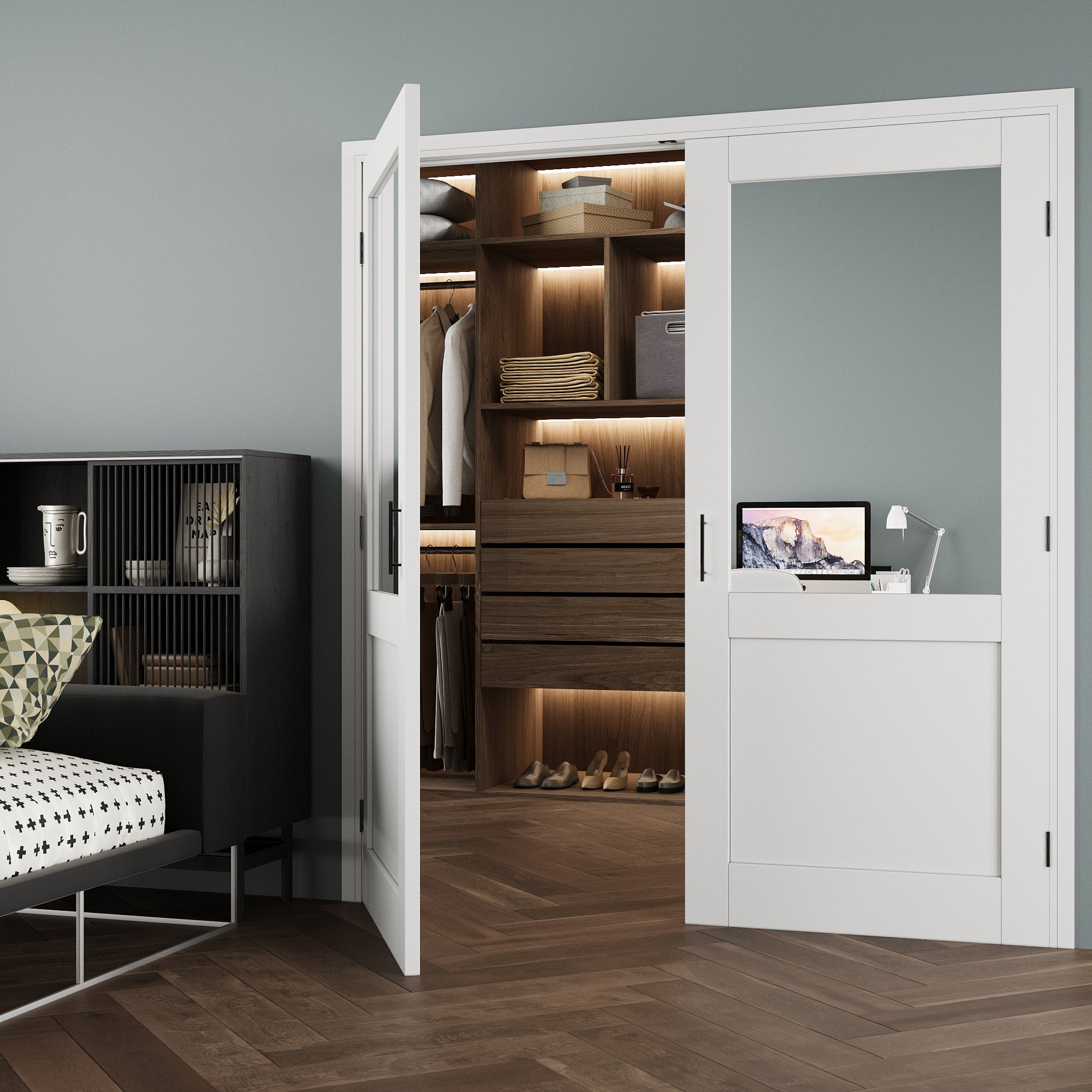 [Black Ball Catch Prehung French Door Collection] Half-Lite Mirror White Solid Core Glass French Door Panels with Black Ball Catch Ready-to-Assemble Jamb