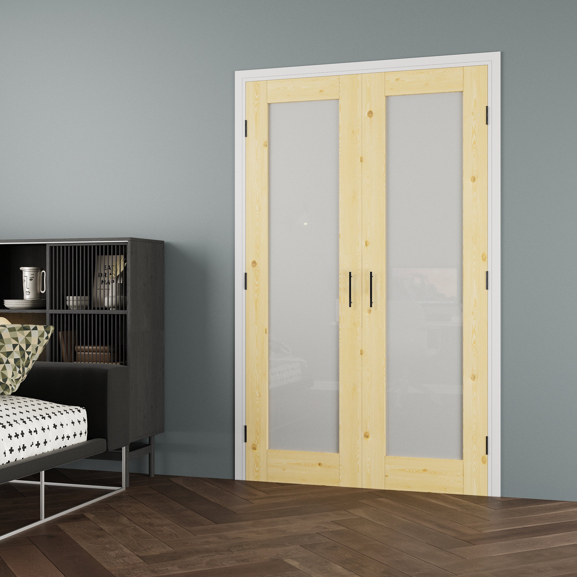 [Black Ball Catch Prehung French Door Collection] 1-Lite Frosted Glass Pine Wood Solid Core Glass French Door Panels with Black Ball Catch Ready-to-Assemble Jamb
