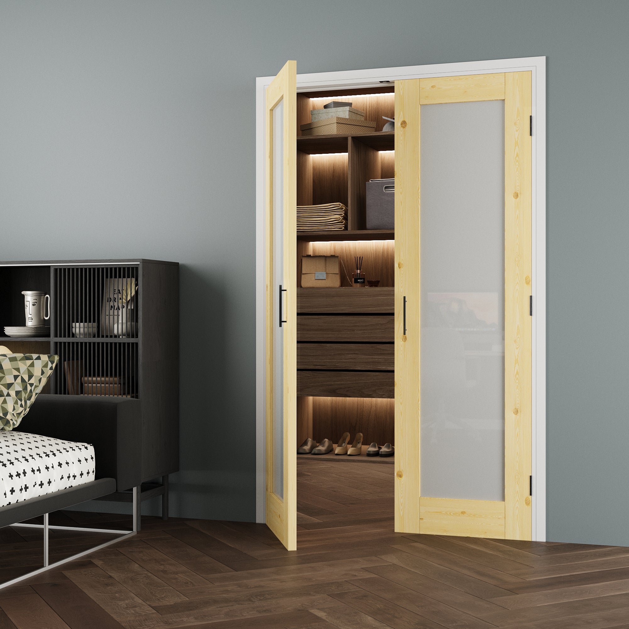 [Black Ball Catch Prehung French Door Collection] 1-Lite Frosted Glass Pine Wood Solid Core Glass French Door Panels with Black Ball Catch Ready-to-Assemble Jamb