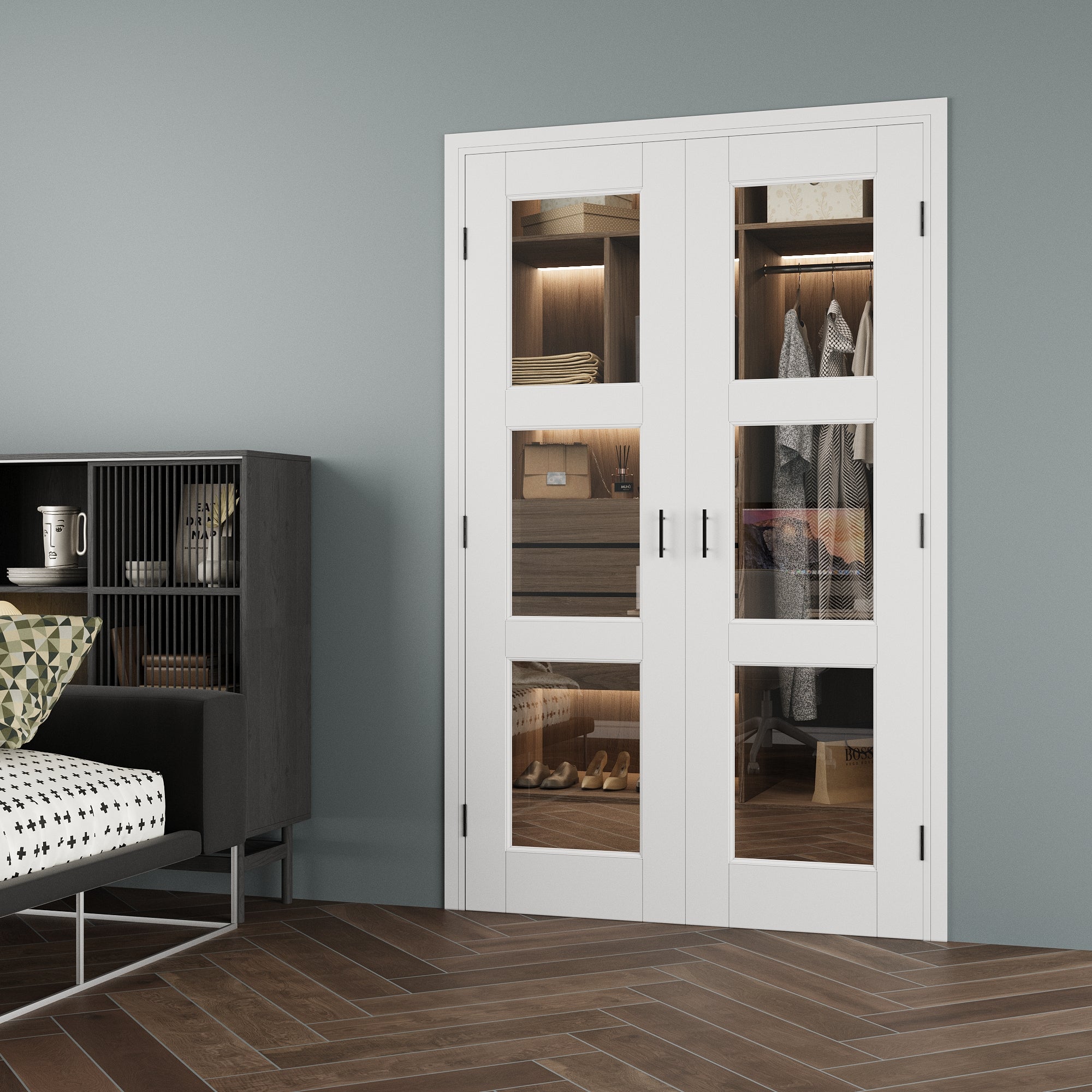 [Black Ball Catch Prehung French Door Collection] 3-Lite Clear Glass White Solid Core Glass French Door Panels with Black Ball Catch Ready-to-Assemble Jamb