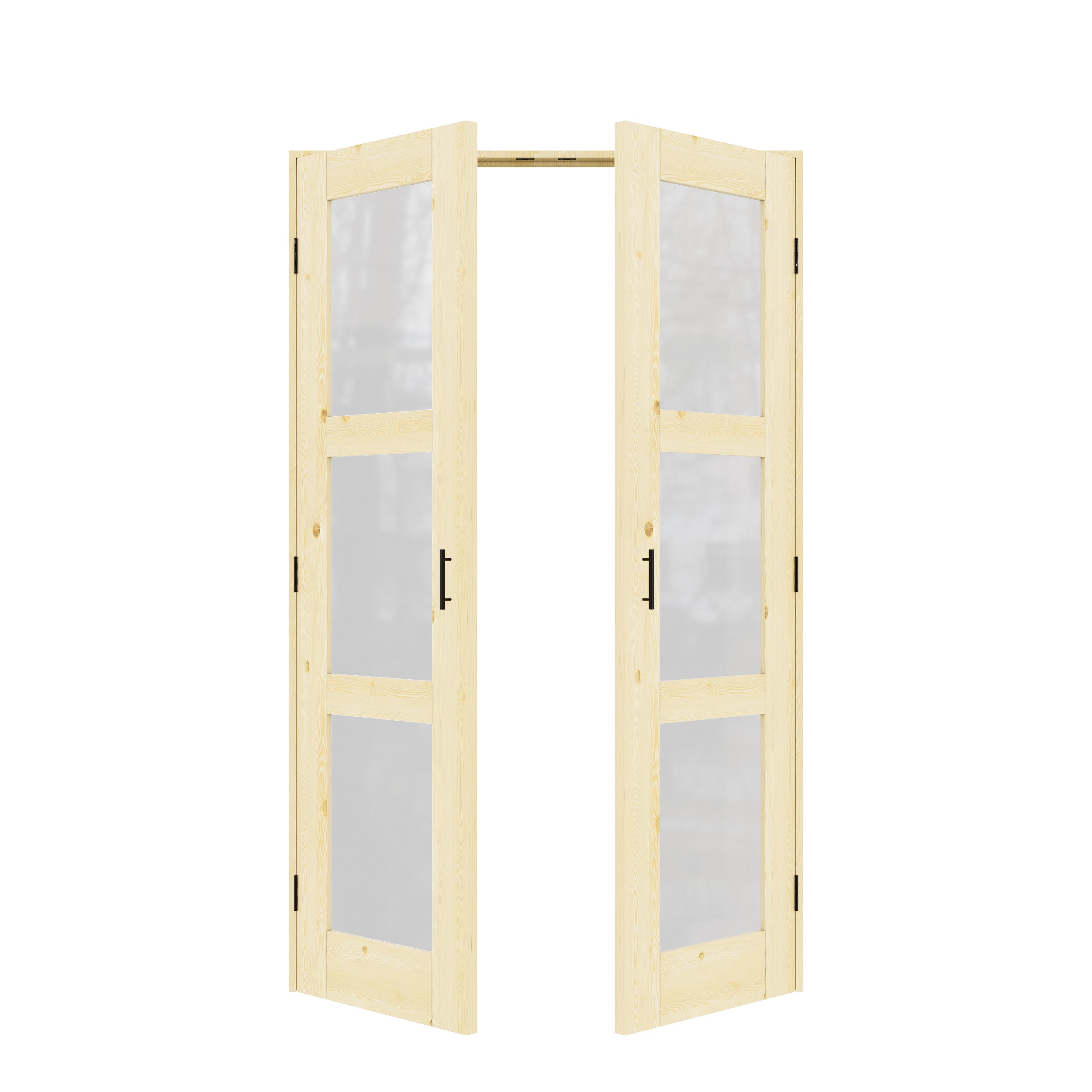 [Black Ball Catch Prehung French Door Collection] 3-Lite Frosted Glass Pine Wood Solid Core Glass French Door Panels with Black Ball Catch Ready-to-Assemble Jamb