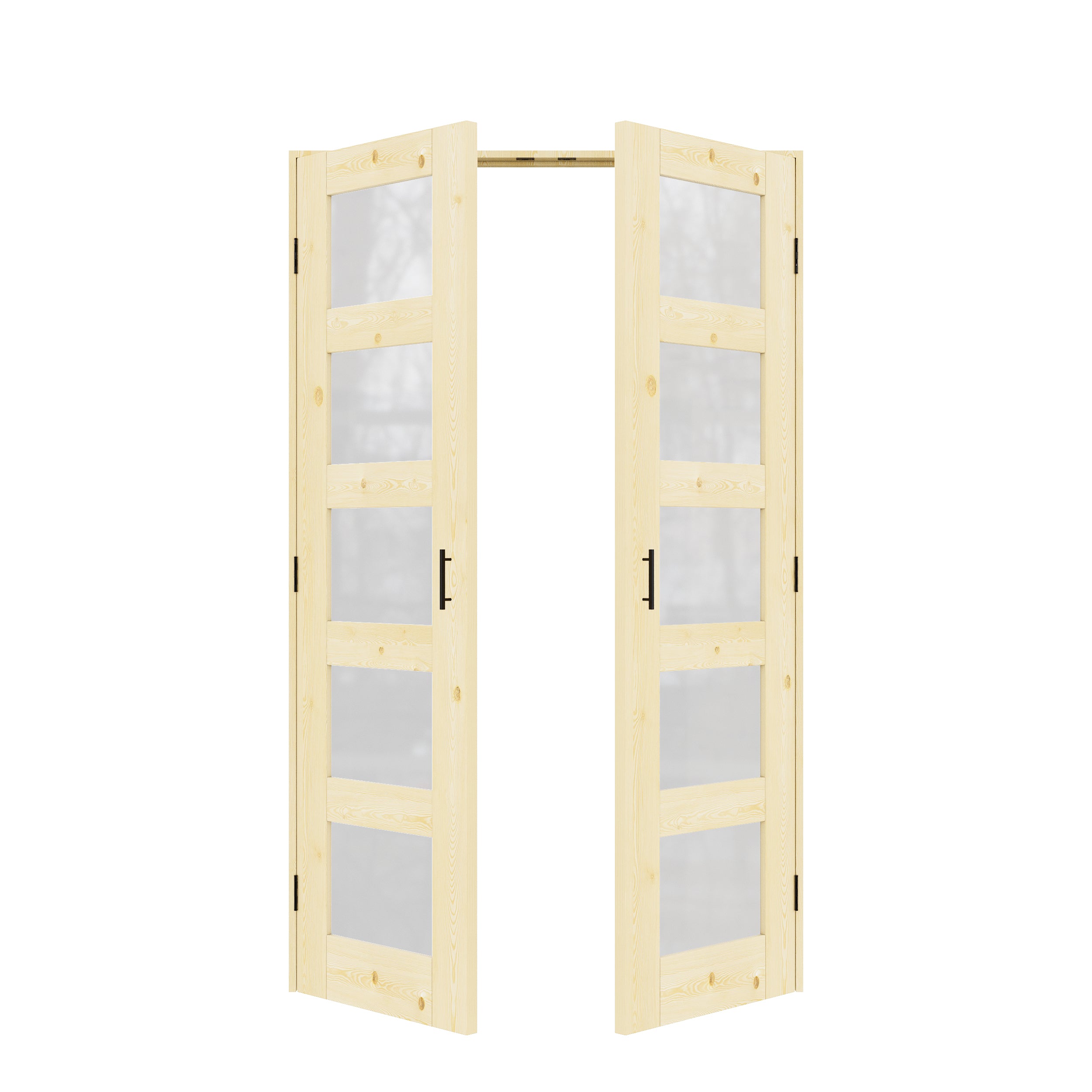 [Black Ball Catch Prehung French Door Collection] 5-Lite Frosted Glass Pine Wood Solid Core Glass French Door Panels with Black Ball Catch Ready-to-Assemble Jamb