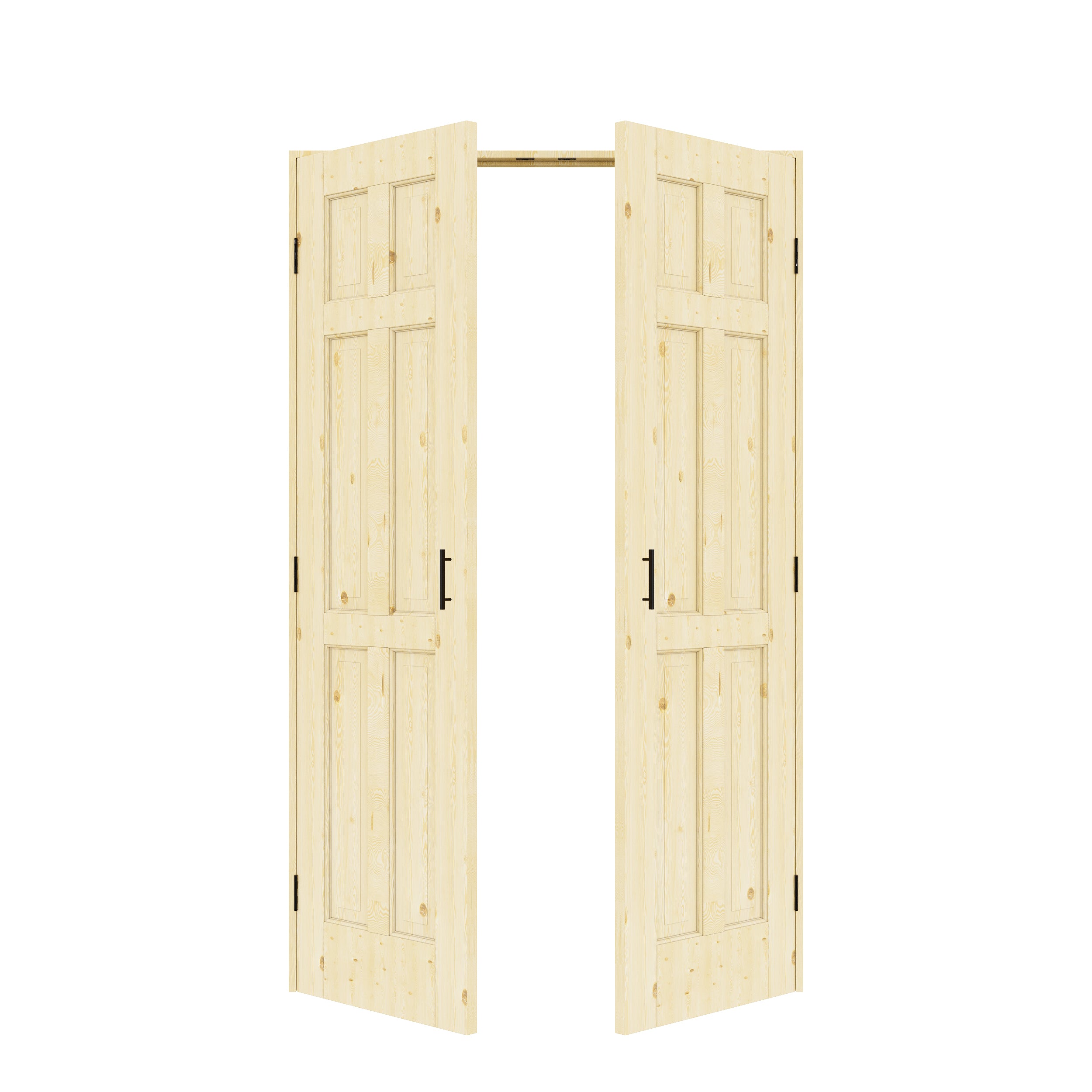 [Black Ball Catch Prehung French Door Collection] 6-Panel Pine Wood Solid Core Glass French Door Panels with Black Ball Catch Ready-to-Assemble Jamb