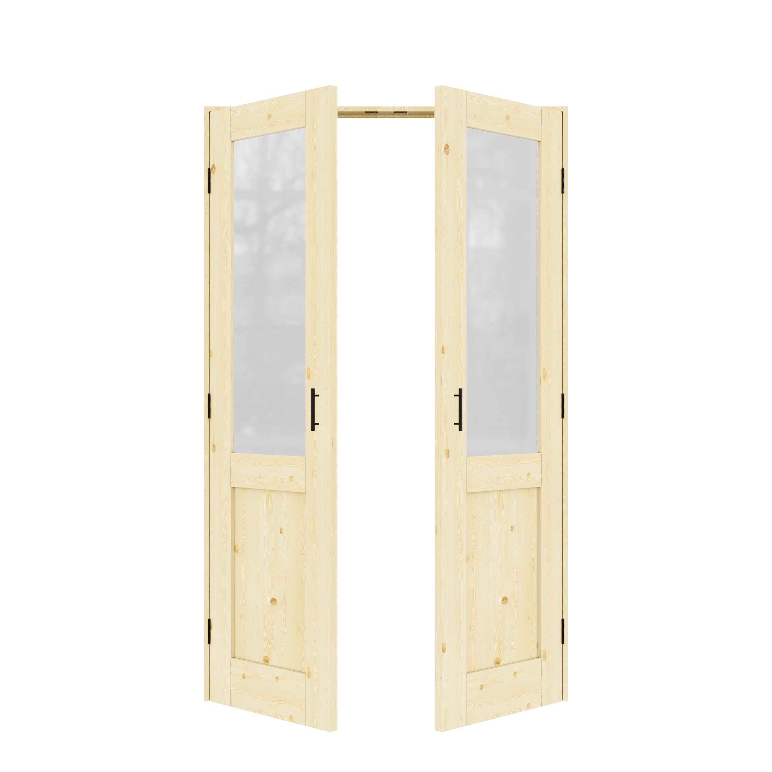 [Black Ball Catch Prehung French Door Collection] Half-Lite Frosted Glass Pine Wood Solid Core Glass French Door Panels with Black Ball Catch Ready-to-Assemble Jamb